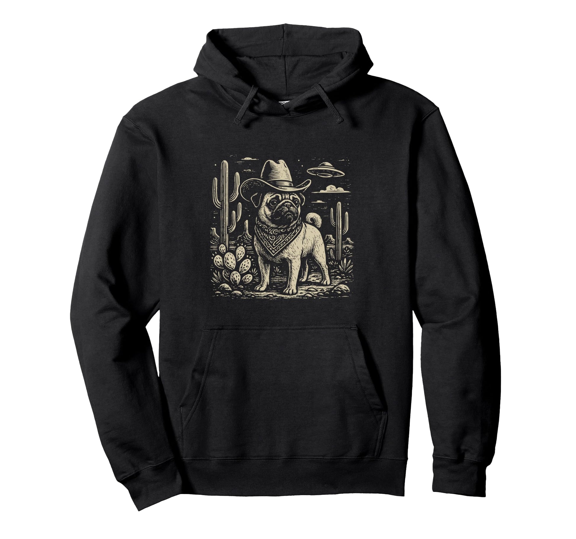 Western Pug Cowboy Ufo Dog Hoodie - Trendy Graphic Unisex - T-Shirt, Sweatshirt, Hoodie
