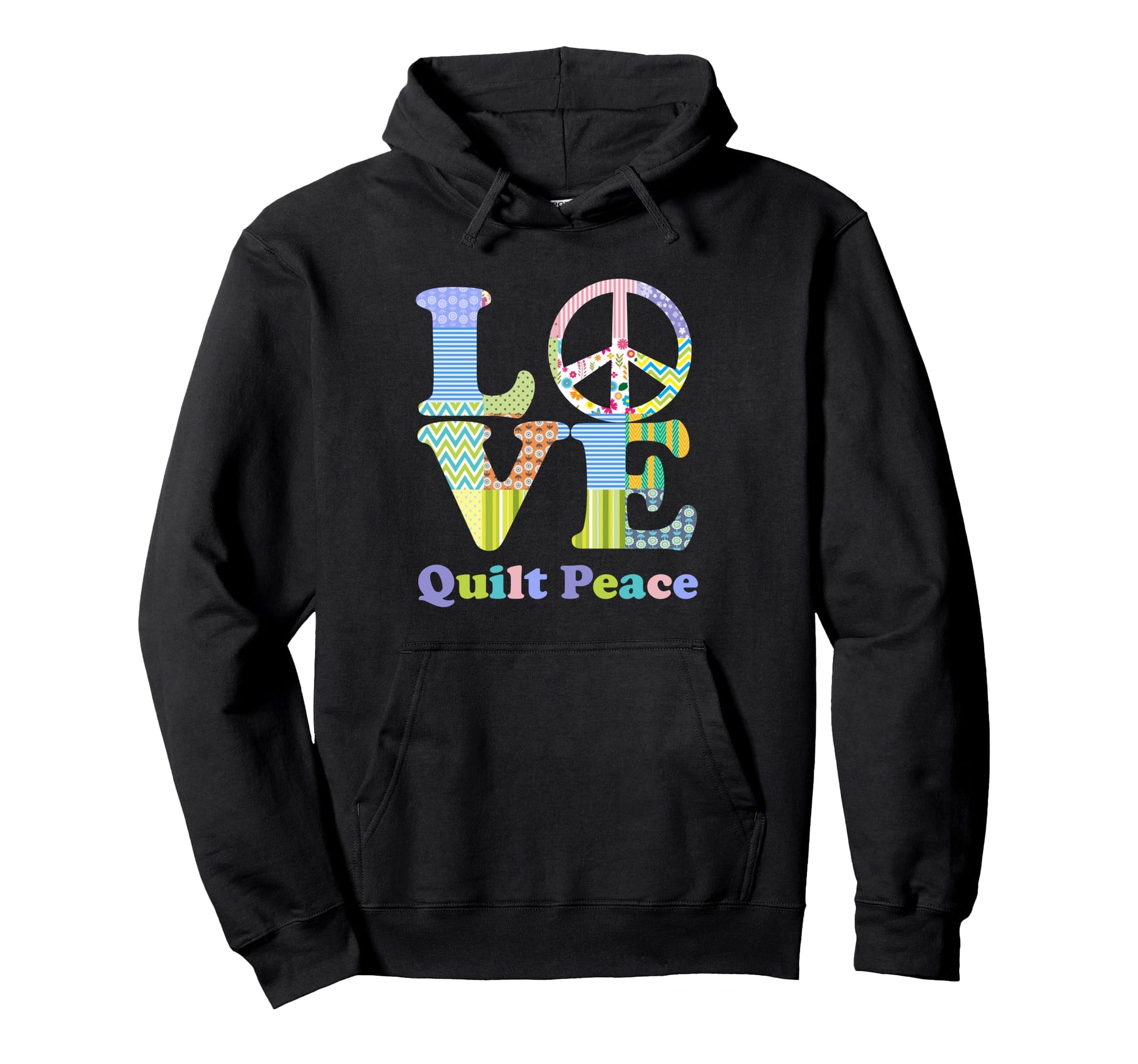 Colorful Patchwork Peace Love Hoodie - Graphic Print Unisex - T-Shirt, Sweatshirt, Hoodie