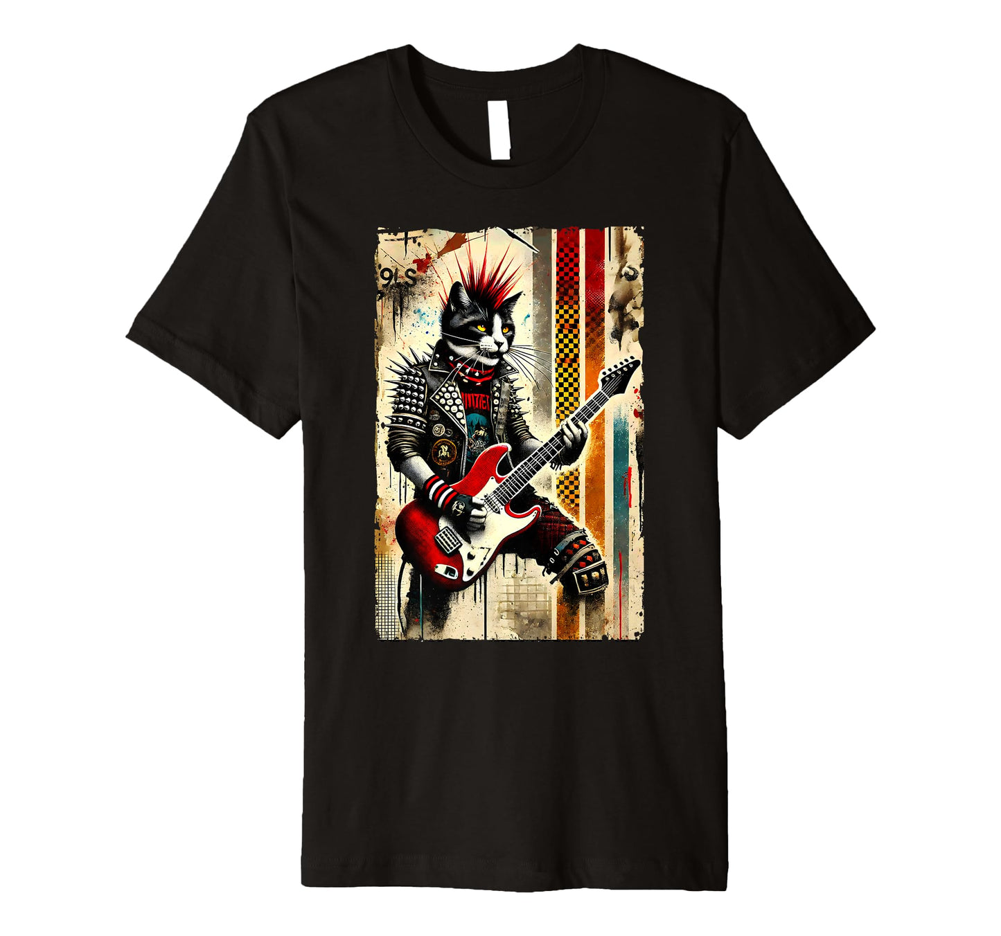 Distressed Cat Playing Guitar 90S Punk T-Shirt - Graphic Print Men Women - T-Shirt, Sweatshirt, Hoodie