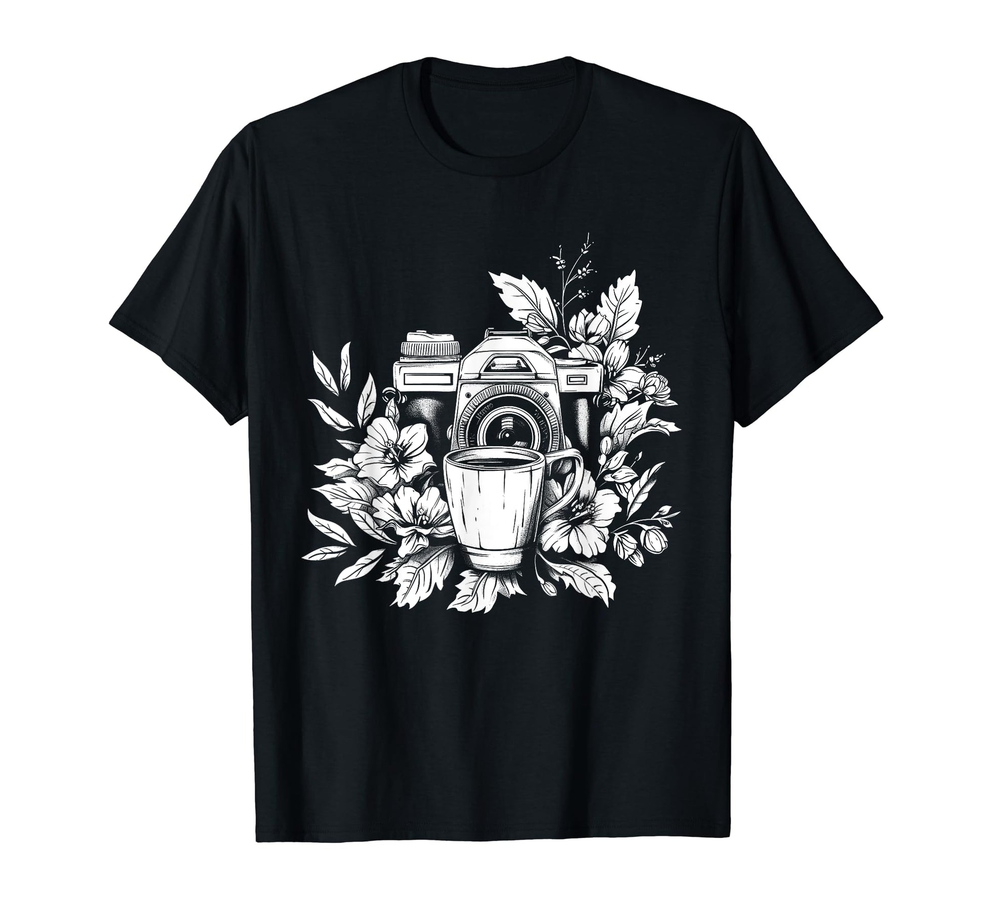 Photographer Coffee Camera Flowers T-Shirt - Custom Art Print Unisex - T-Shirt, Sweatshirt, Hoodie