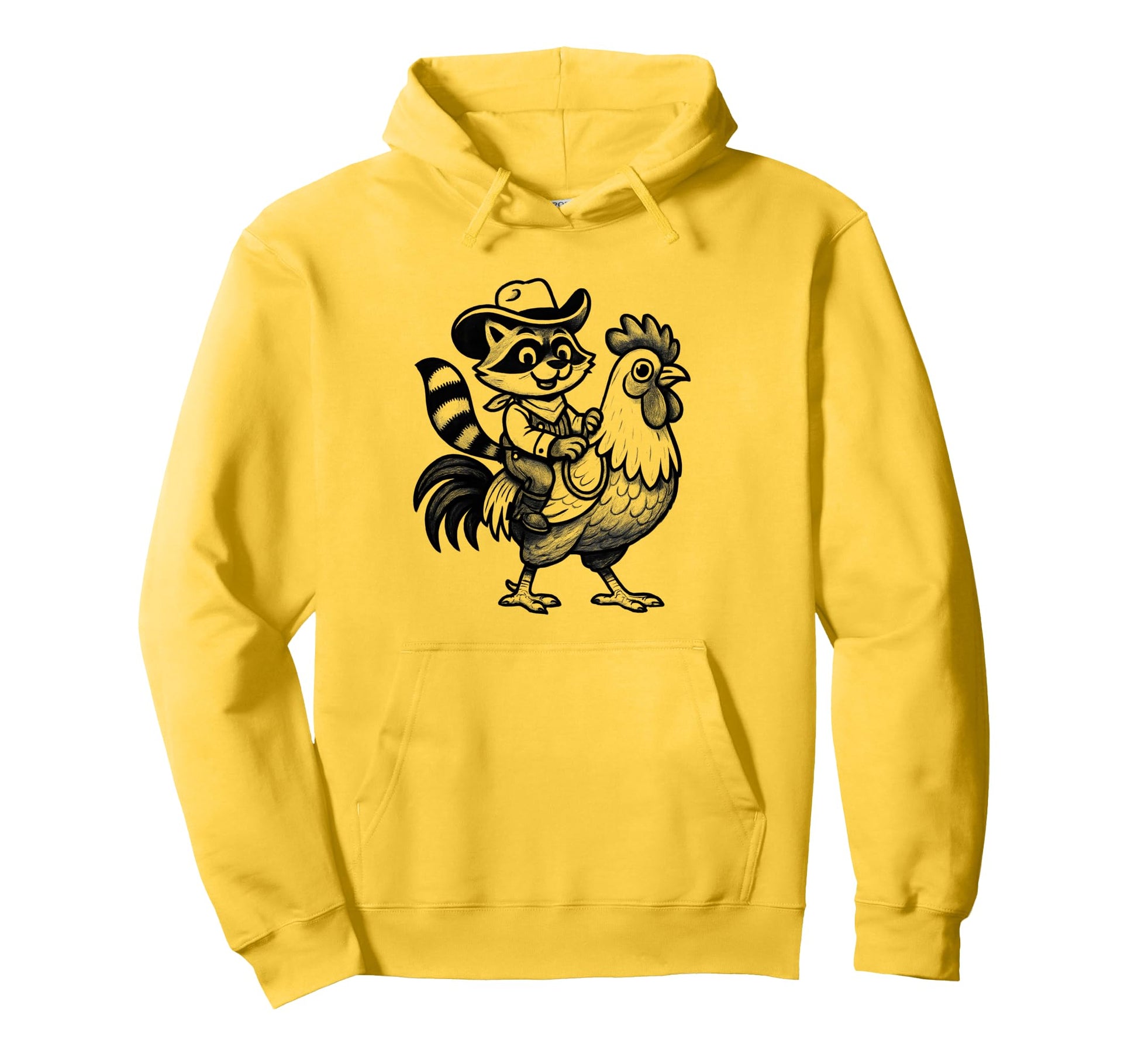 Cowboy Hat Raccoon Riding Rooster Hoodie - Custom Art Print Men Women - T-Shirt, Sweatshirt, Hoodie