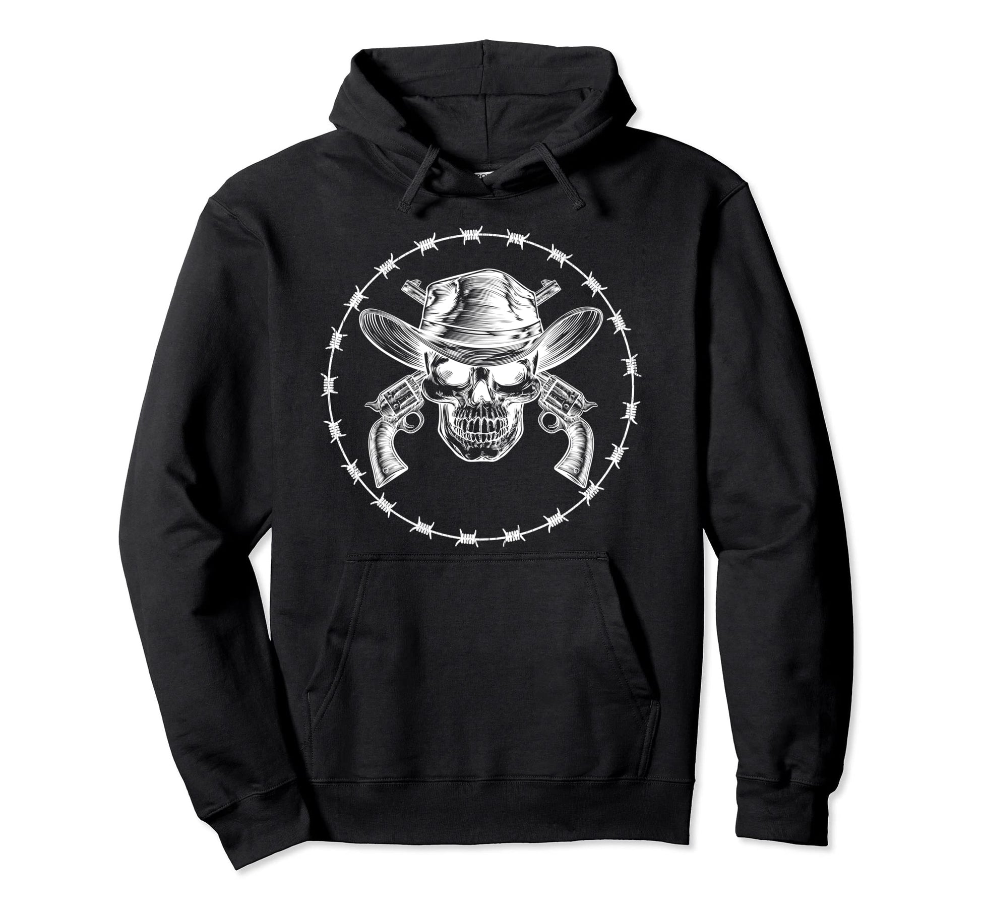 Cowboy Skull Hat Crossed Revolver Hoodie - Casual Everyday Wear Men Women - T-Shirt, Sweatshirt, Hoodie
