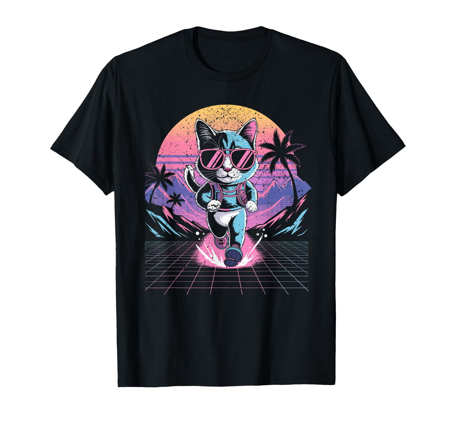 Synthwave Running Cat 80S Vaporwave T-Shirt - Graphic Print Unisex - T-Shirt, Sweatshirt, Hoodie