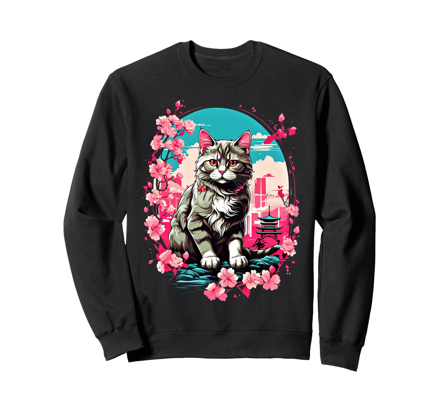Anime Cat Japanese Aesthetic Sweatshirt - Fun Novelty Design for Adults - T-Shirt, Sweatshirt, Hoodie