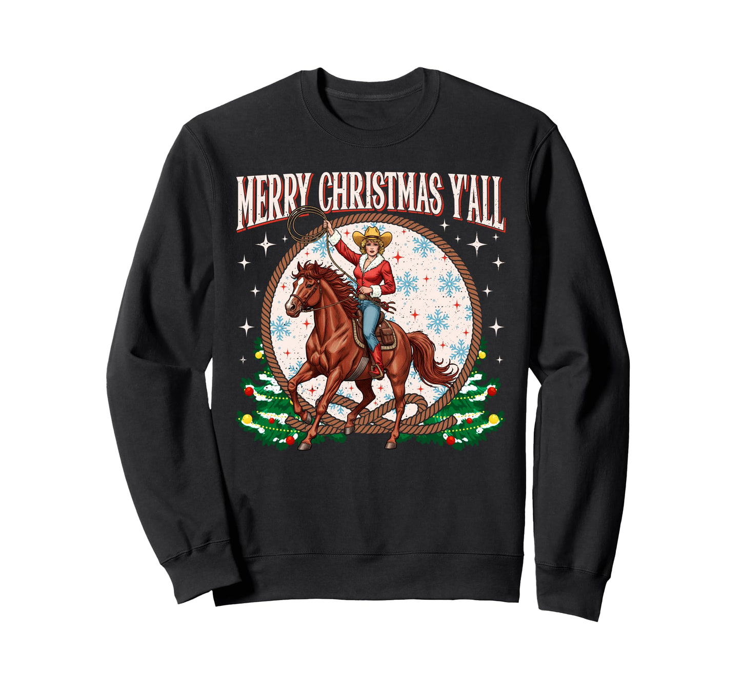 Merry Yall Cowboy Horse Western Sweatshirt - Casual Everyday Wear Unisex - T-Shirt, Sweatshirt, Hoodie