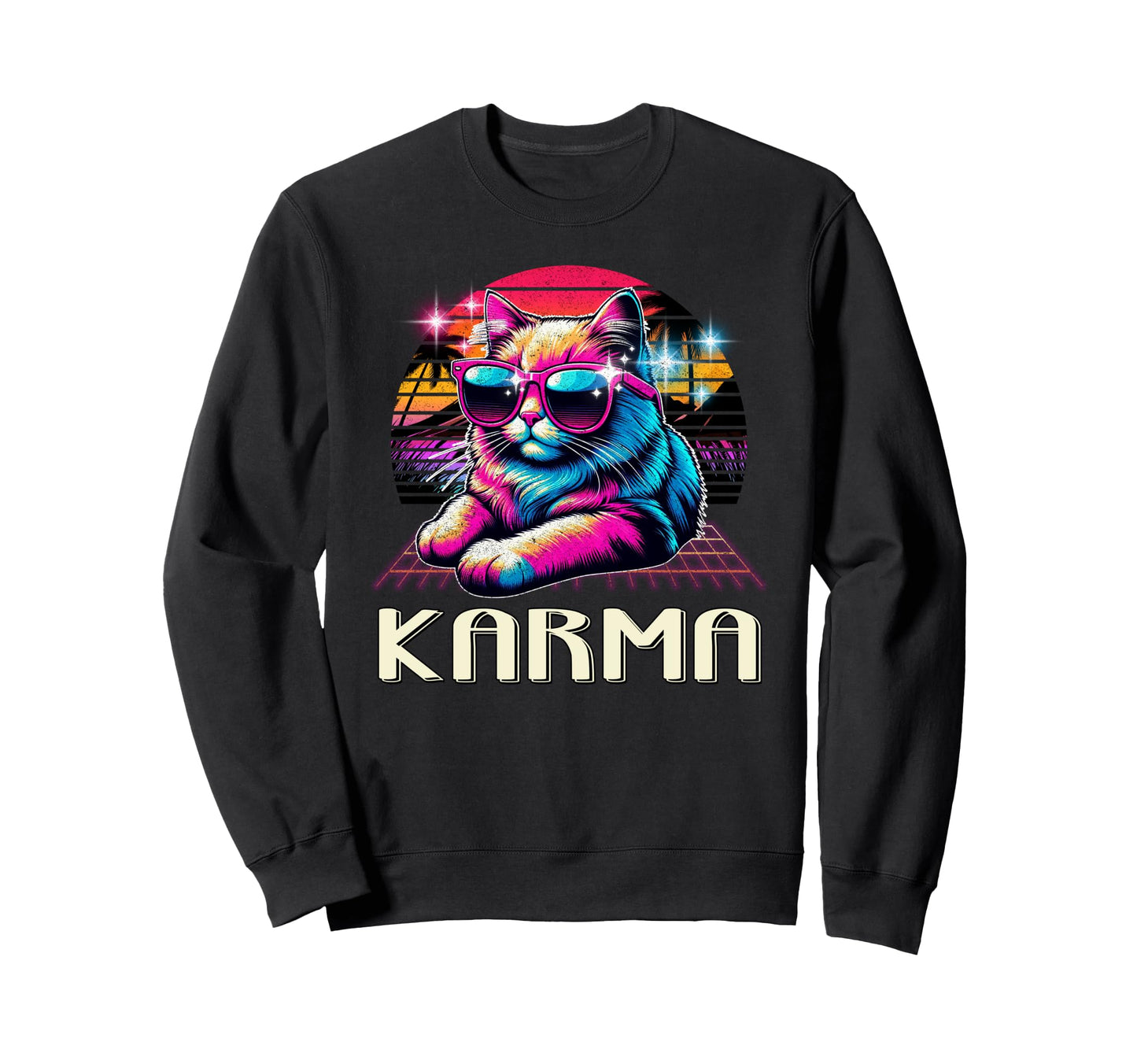 Karma Is Cat Vaporwave 80S Aesthetic Sweatshirt - Minimalist Print Unisex - T-Shirt, Sweatshirt, Hoodie