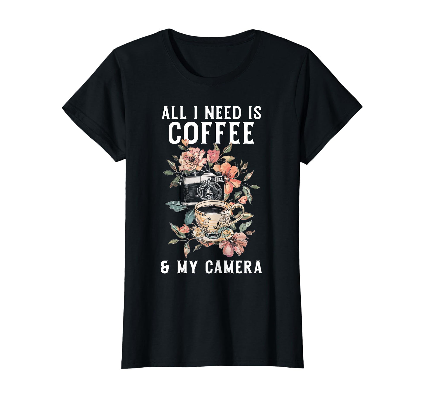 Coffee Camera Photographer Flowers T-Shirt - Unique Graphic for Adults - T-Shirt, Sweatshirt, Hoodie