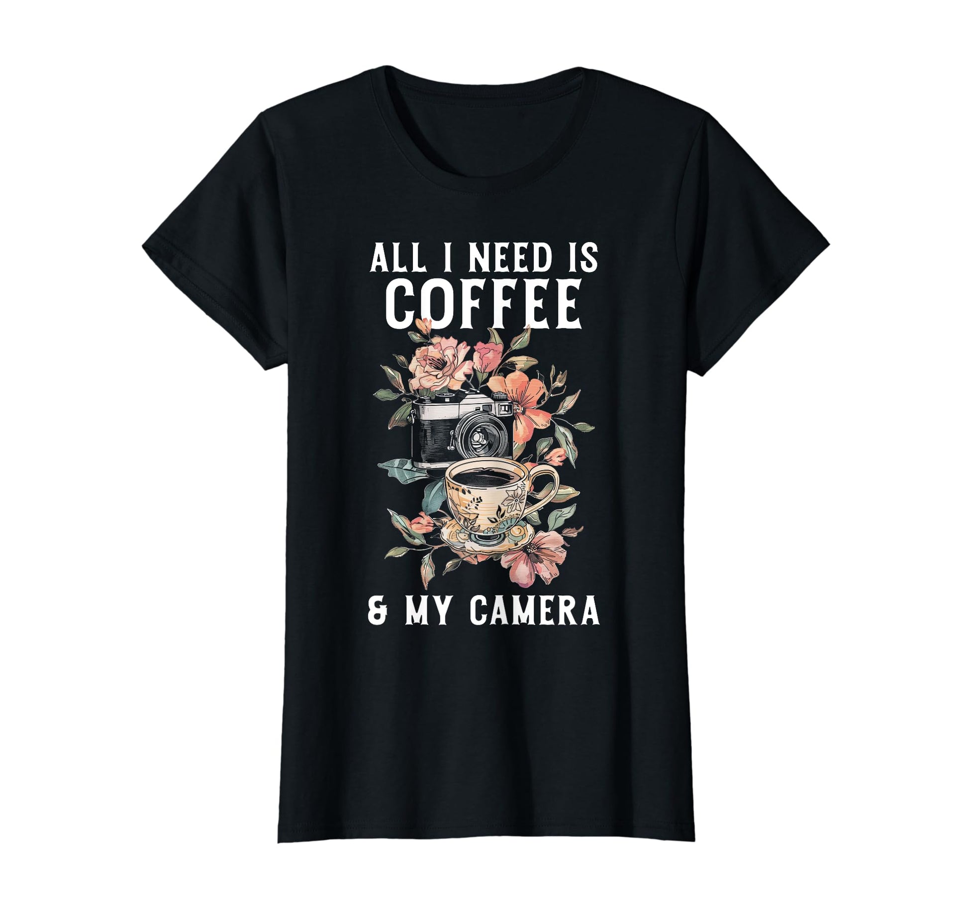 Coffee Camera Photographer Flowers T-Shirt - Unique Graphic for Adults - T-Shirt, Sweatshirt, Hoodie