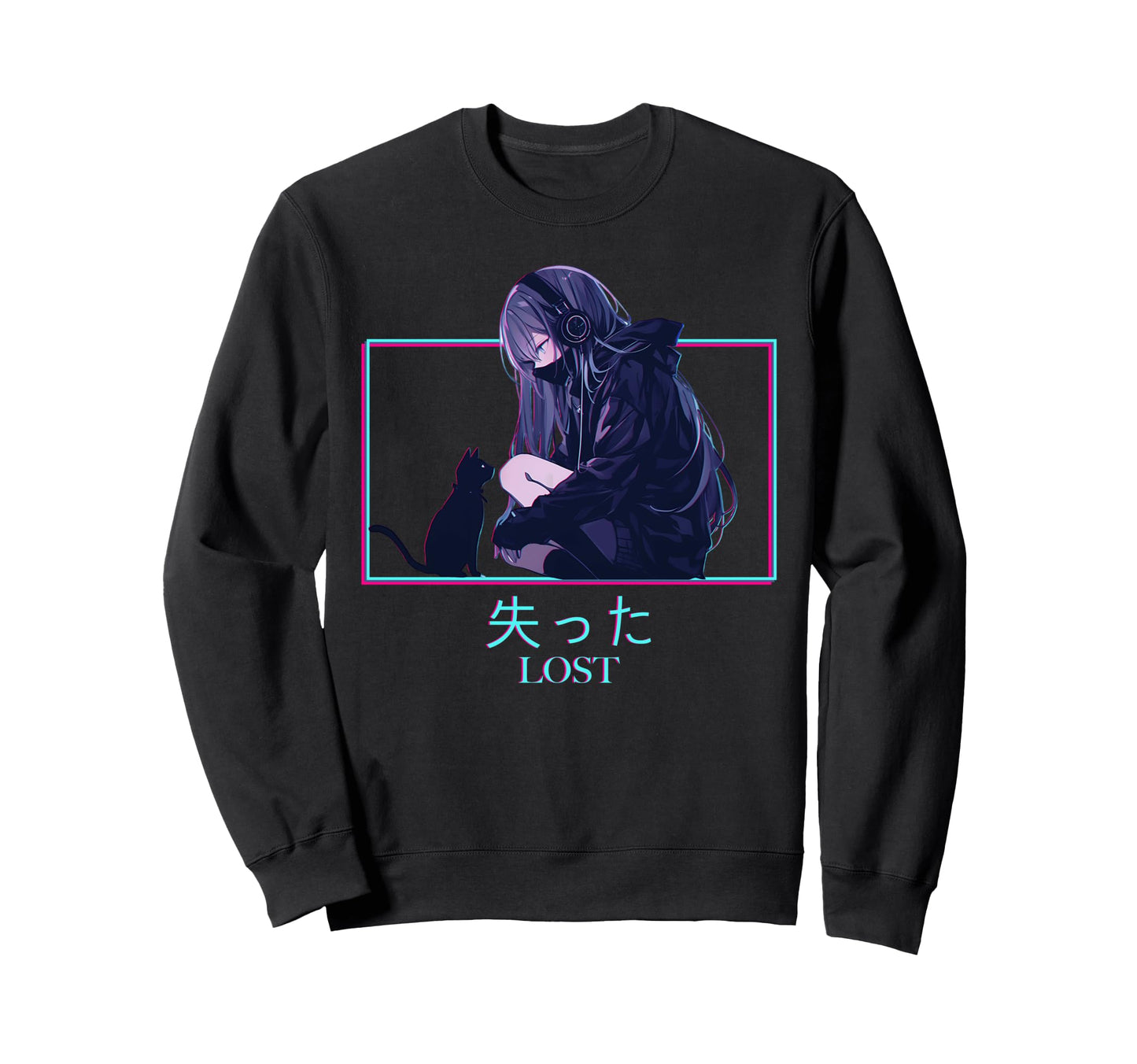 Lost Anime Cat Kanji Japanese Sweatshirt - Unique Graphic for Adults - T-Shirt, Sweatshirt, Hoodie