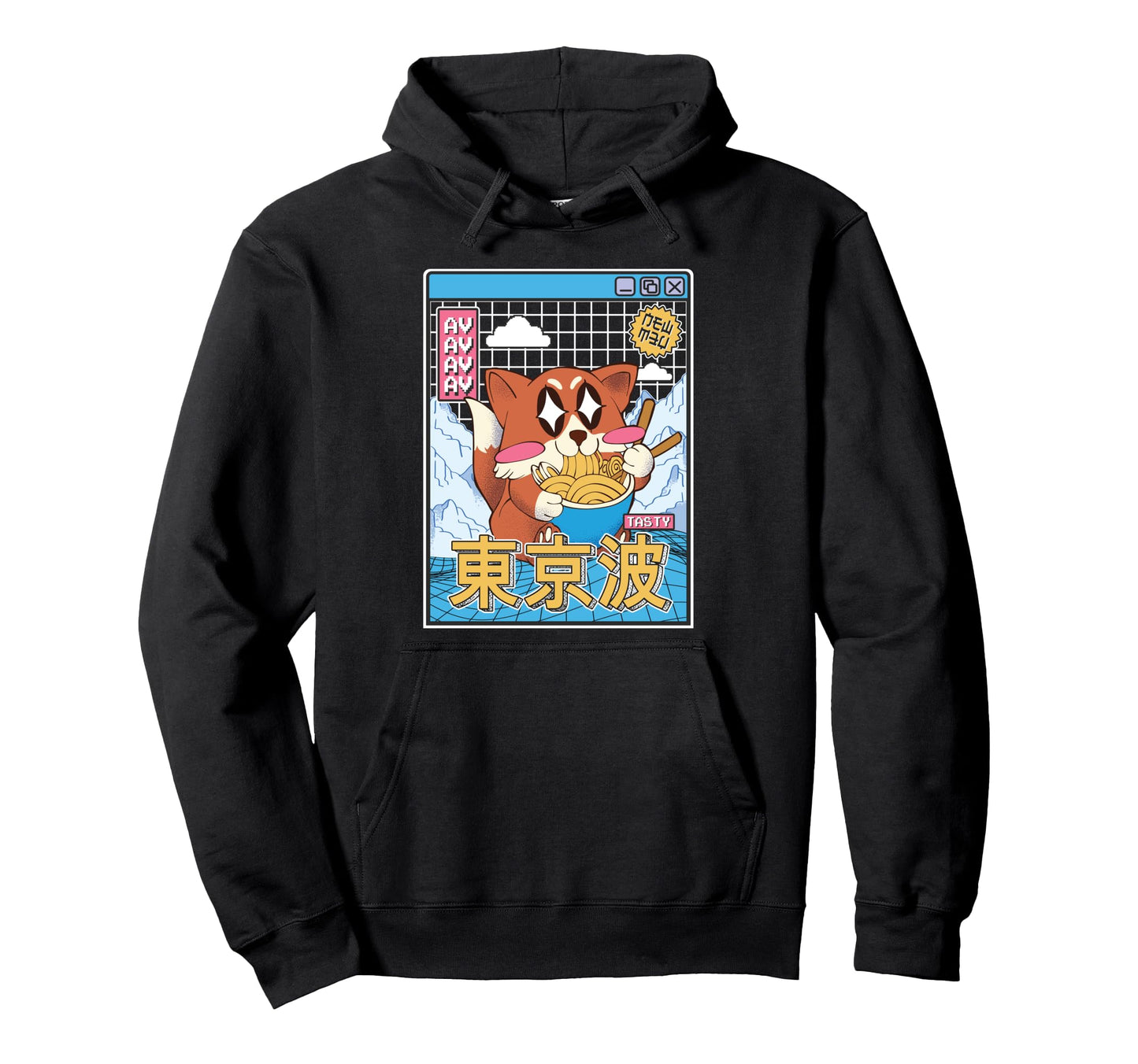 Happy Fox Eating Ramen Vaporwave Hoodie - Casual Everyday Wear Men Women - T-Shirt, Sweatshirt, Hoodie