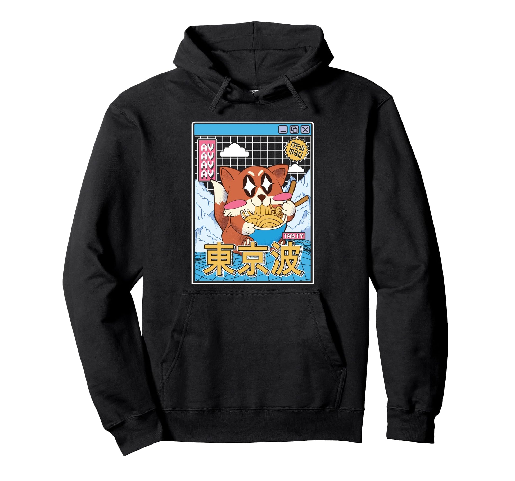 Happy Fox Eating Ramen Vaporwave Hoodie - Casual Everyday Wear Men Women - T-Shirt, Sweatshirt, Hoodie