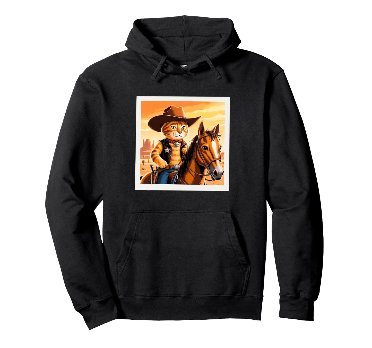 Funny Cat Sheriff Riding Horse Western Hoodie - Custom Art Print Unisex - T-Shirt, Sweatshirt, Hoodie