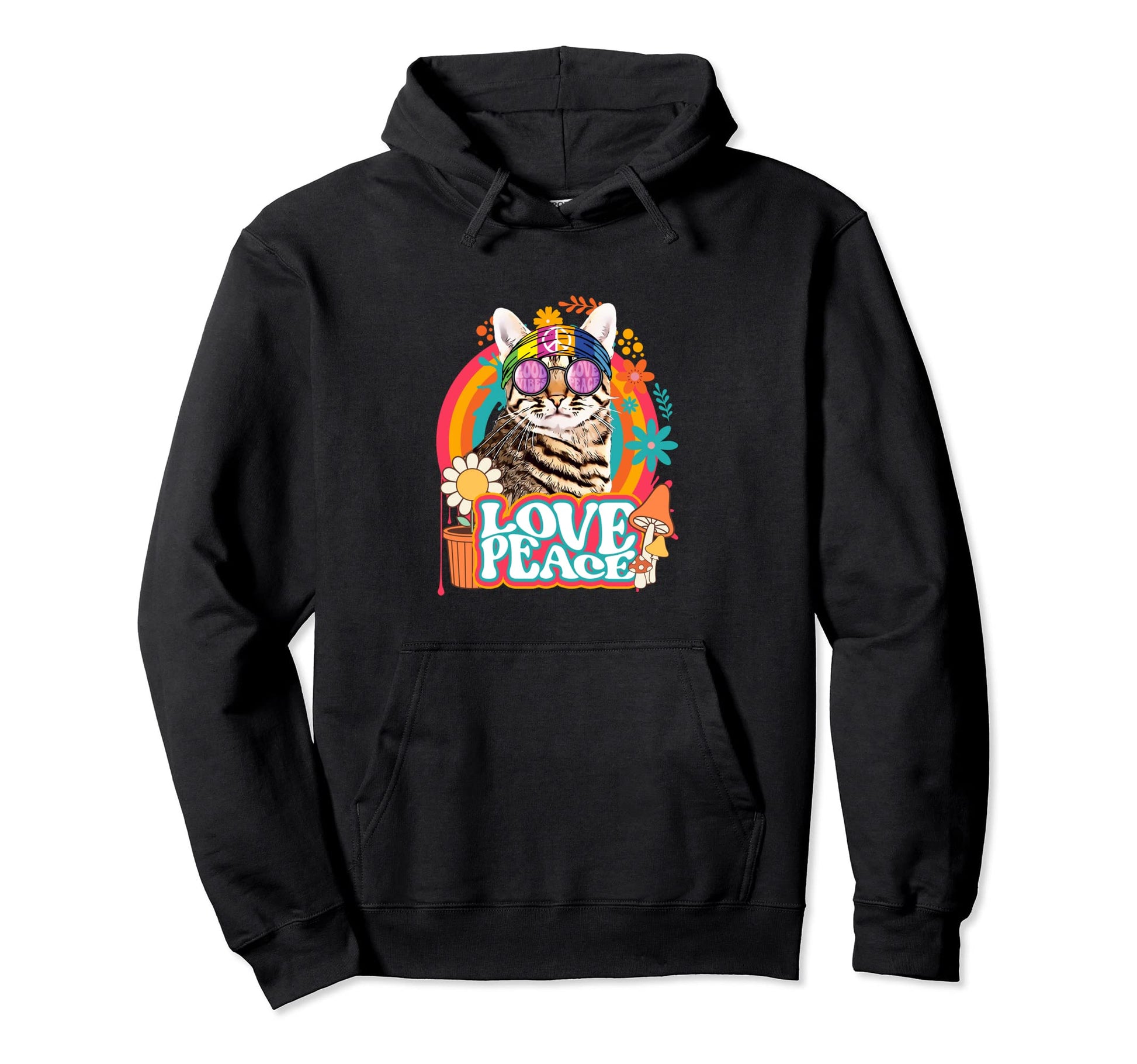 Hippie Cat Rainbow 60S 70S Peace Hoodie - Fun Novelty Design for Adults - T-Shirt, Sweatshirt, Hoodie