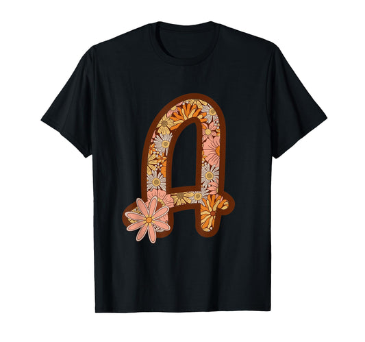 Boho Groovy Floral Letter Initial T-Shirt - Fun Novelty Design Unisex - T-Shirt, Sweatshirt, Hoodie