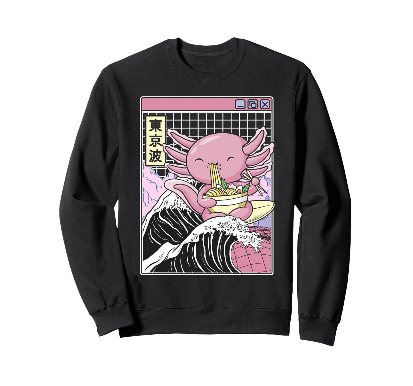 Axolotl Eating Ramen Kanagawa Sweatshirt - Custom Art Print for Adults - T-Shirt, Sweatshirt, Hoodie