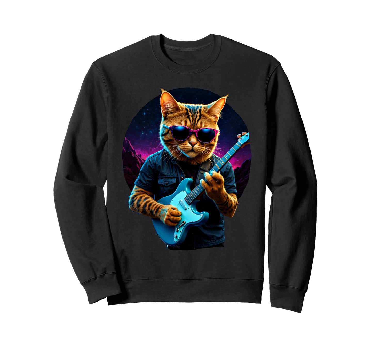Rock Cat Playing Guitar Vaporwave Sweatshirt - Custom Art Print Men Women - T-Shirt, Sweatshirt, Hoodie