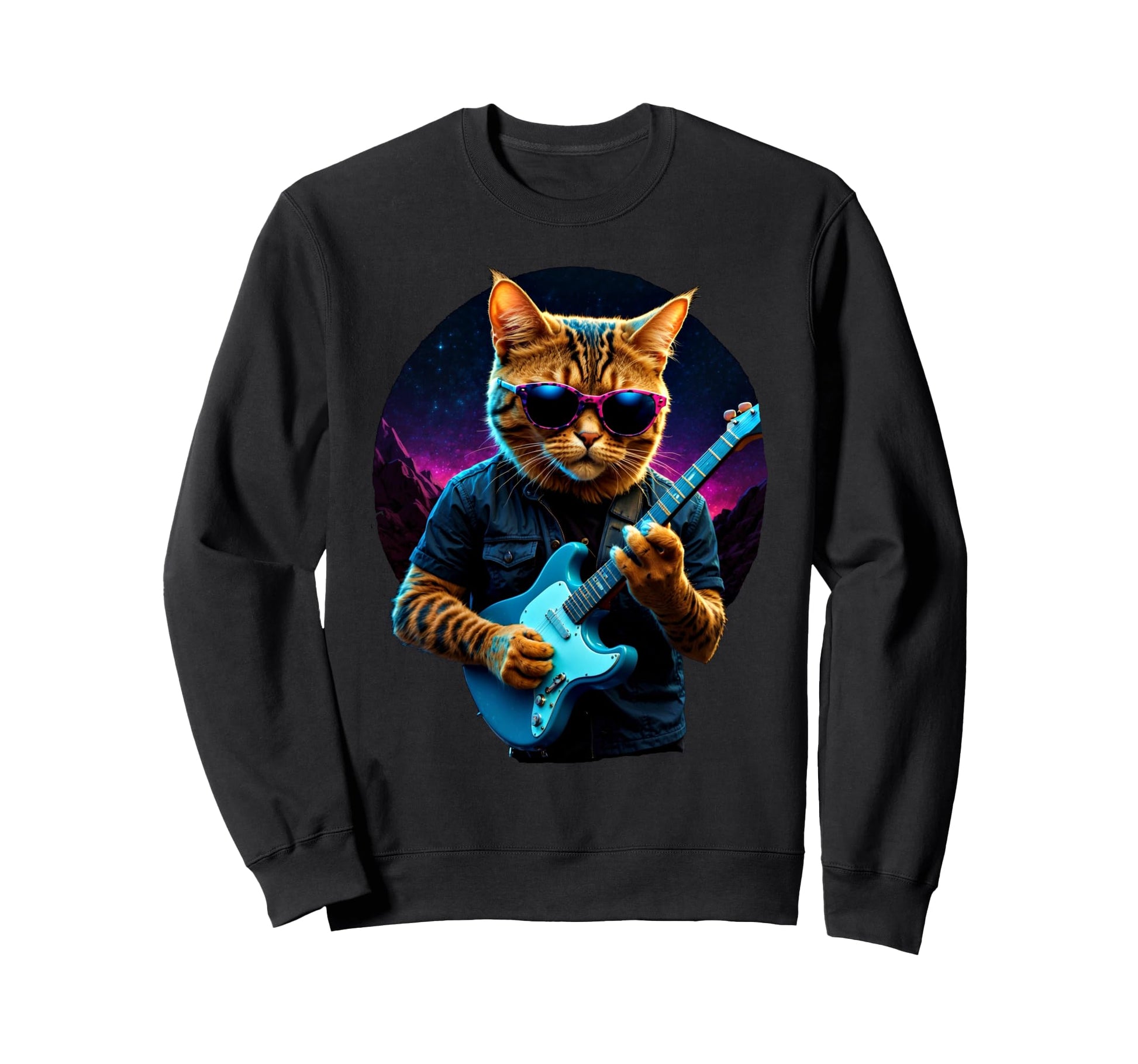 Rock Cat Playing Guitar Vaporwave Sweatshirt - Custom Art Print Men Women - T-Shirt, Sweatshirt, Hoodie