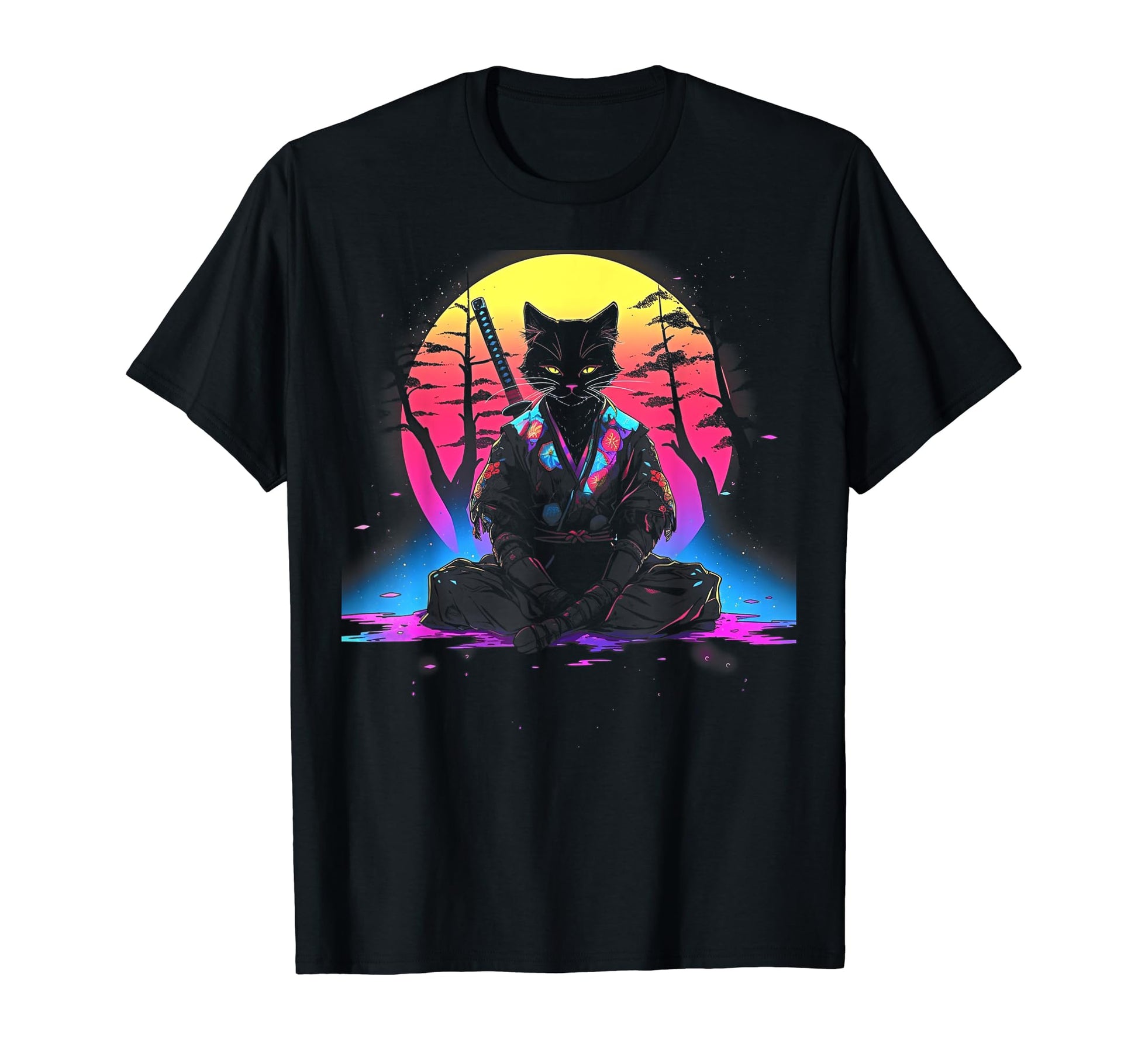 Synthwave Cat Samurai Mediation T-Shirt - Aesthetic Graphic Unisex - T-Shirt, Sweatshirt, Hoodie