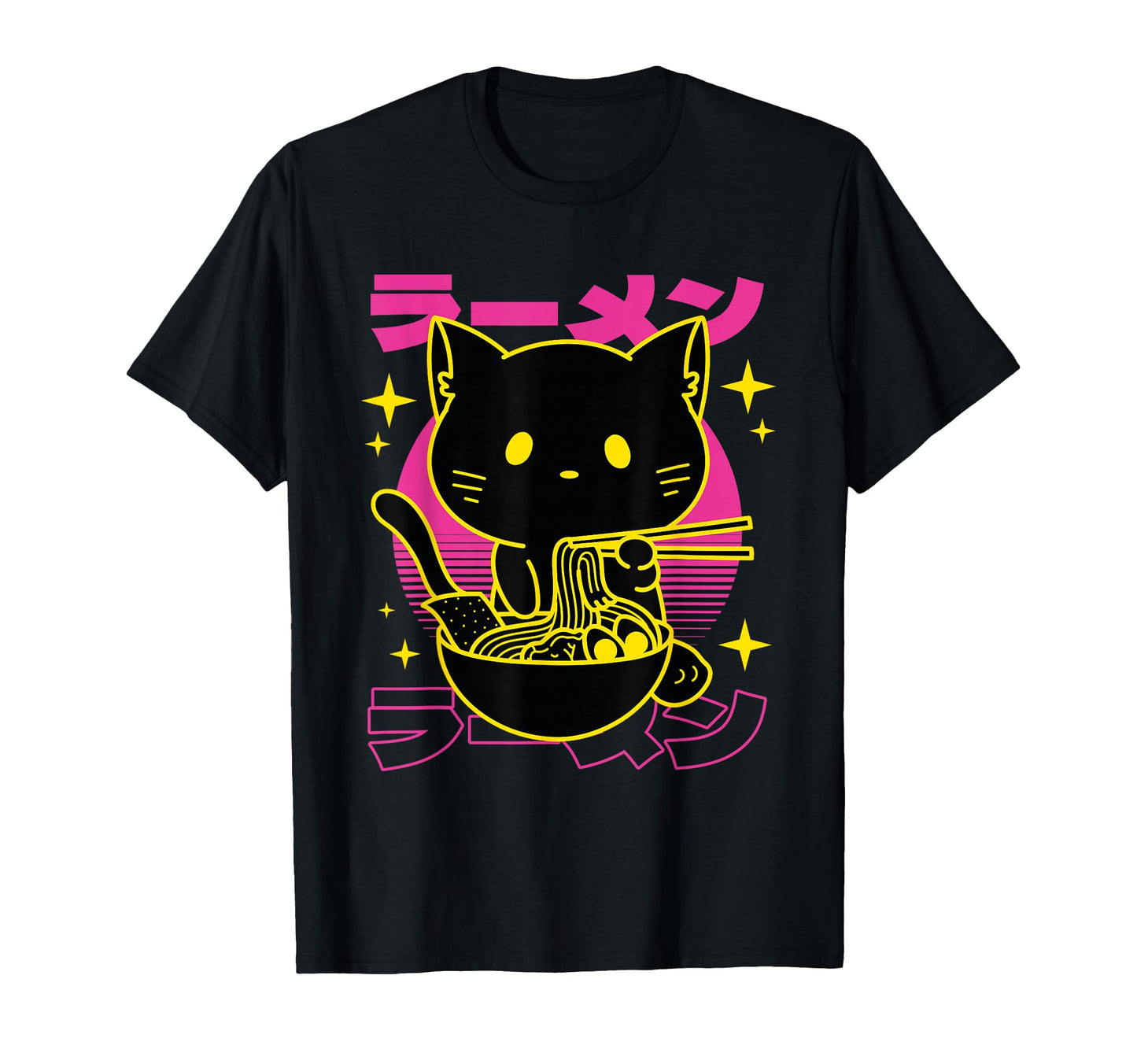 Vaporwave Cat Eating Ramen Bowl Aesthetic T-Shirt - Novelty Apparel Unisex - T-Shirt, Sweatshirt, Hoodie