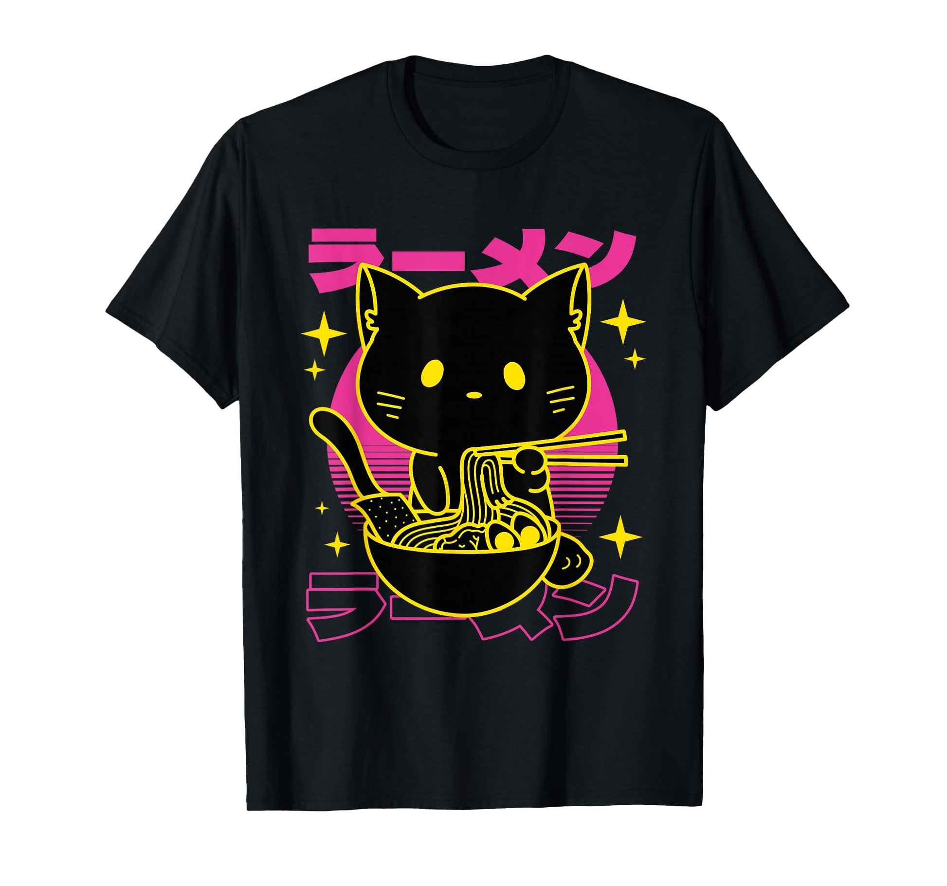 Vaporwave Cat Eating Ramen Bowl Aesthetic T-Shirt - Novelty Apparel Unisex - T-Shirt, Sweatshirt, Hoodie