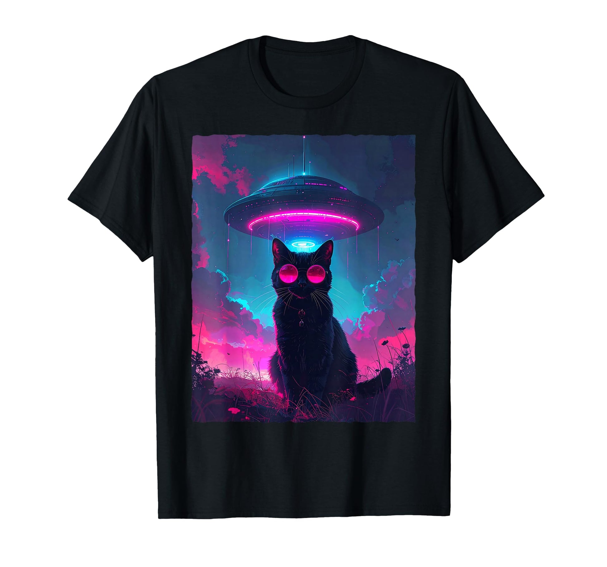 Synthwave Black Cat Ufo Alien T-Shirt - Custom Art Print for Adults - T-Shirt, Sweatshirt, Hoodie
