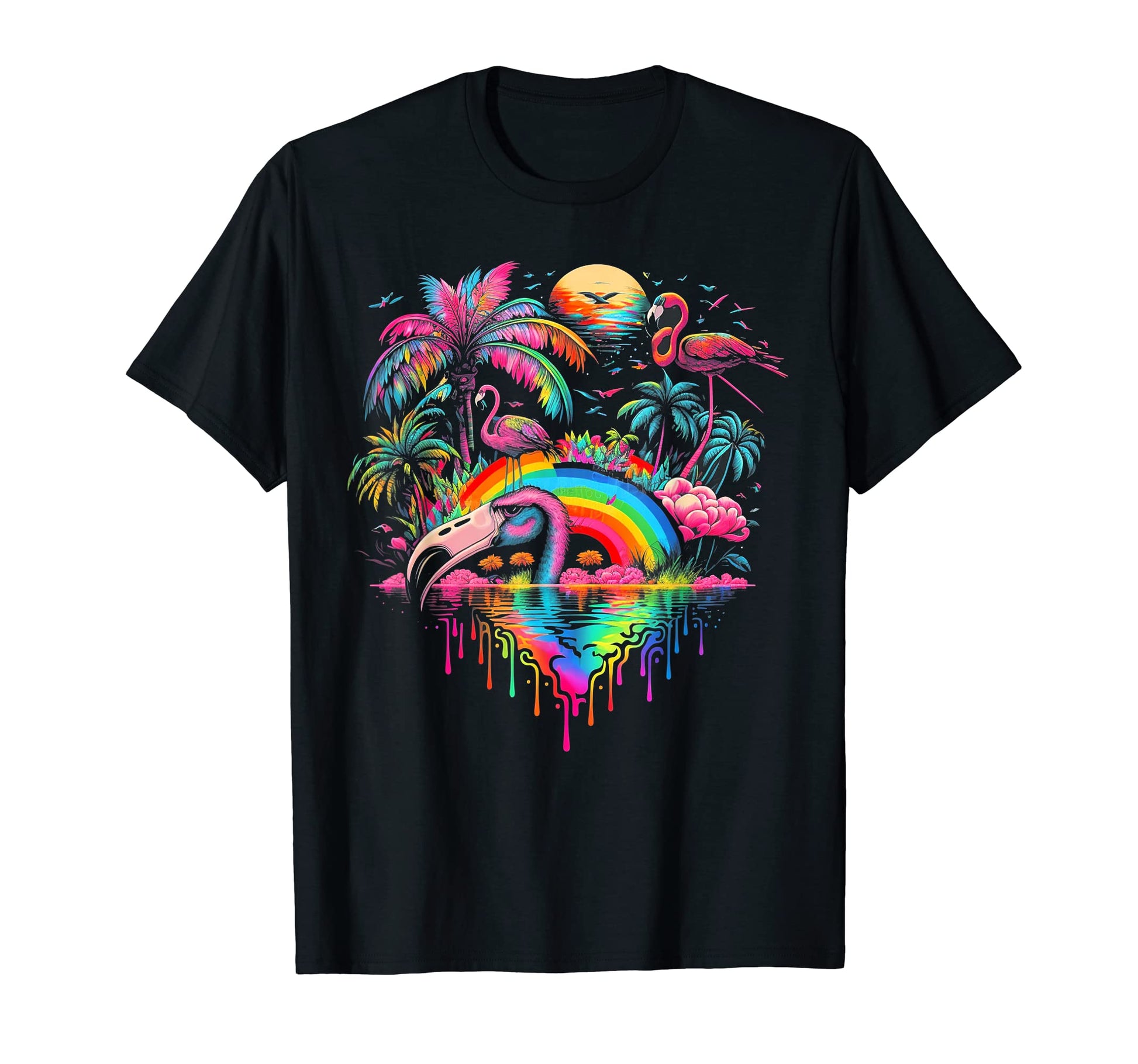 Palm Tree Flamingo 80S Beach Island T-Shirt - Unique Graphic for Adults - T-Shirt, Sweatshirt, Hoodie
