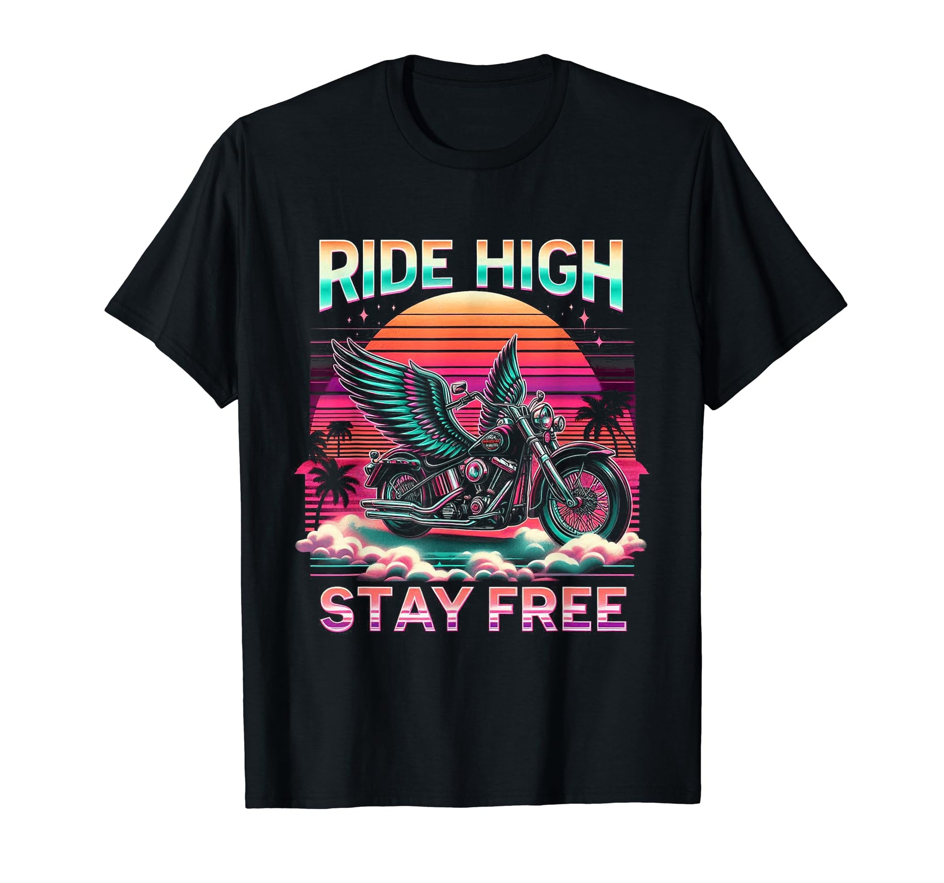 Ride High Stay Free Motorcycle Sunset T-Shirt - Unique Graphic for Adults - T-Shirt, Sweatshirt, Hoodie