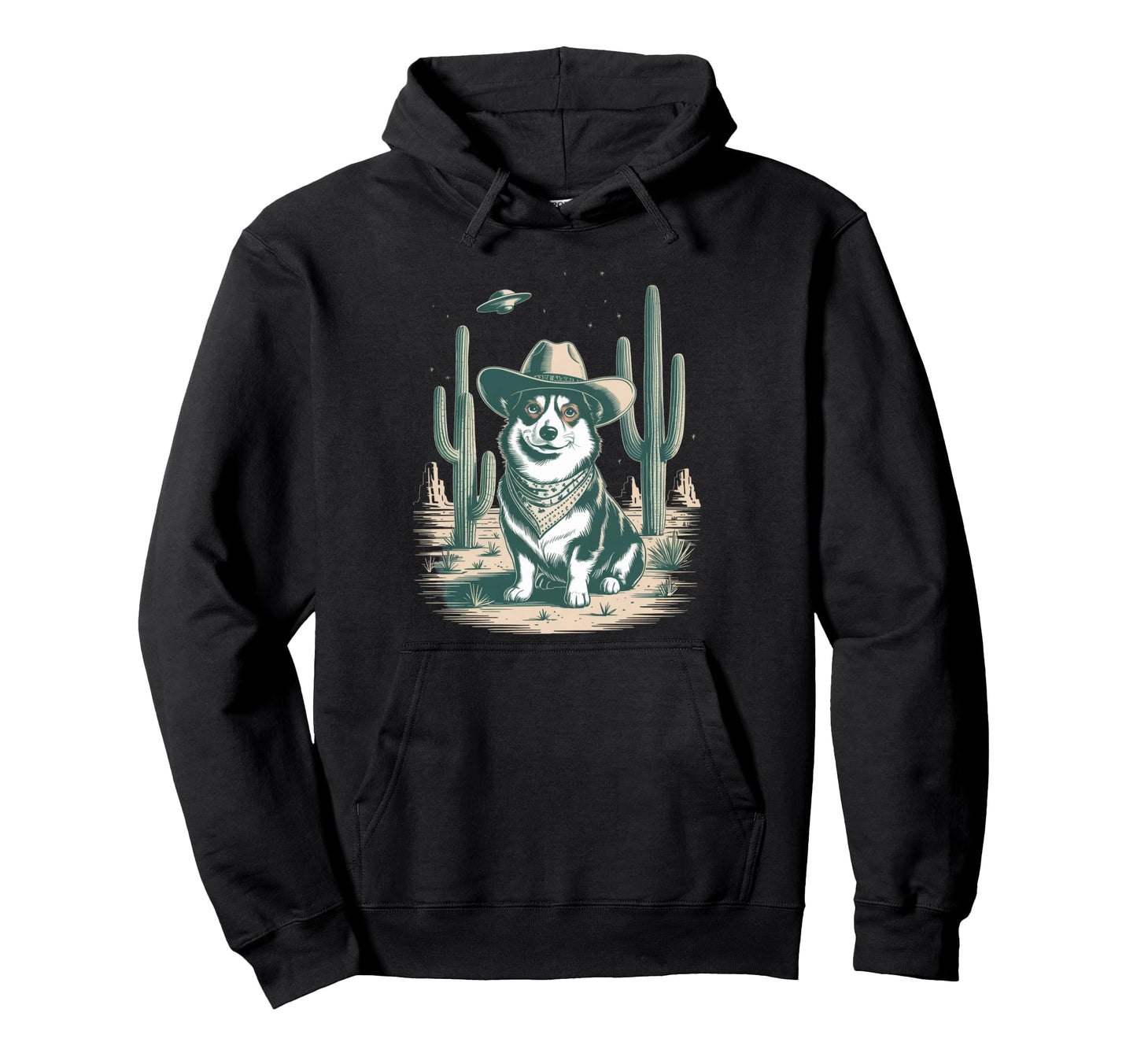 Funny Corgi Cowboy Ufo Western Desert Hoodie - Custom Art Print Men Women - T-Shirt, Sweatshirt, Hoodie