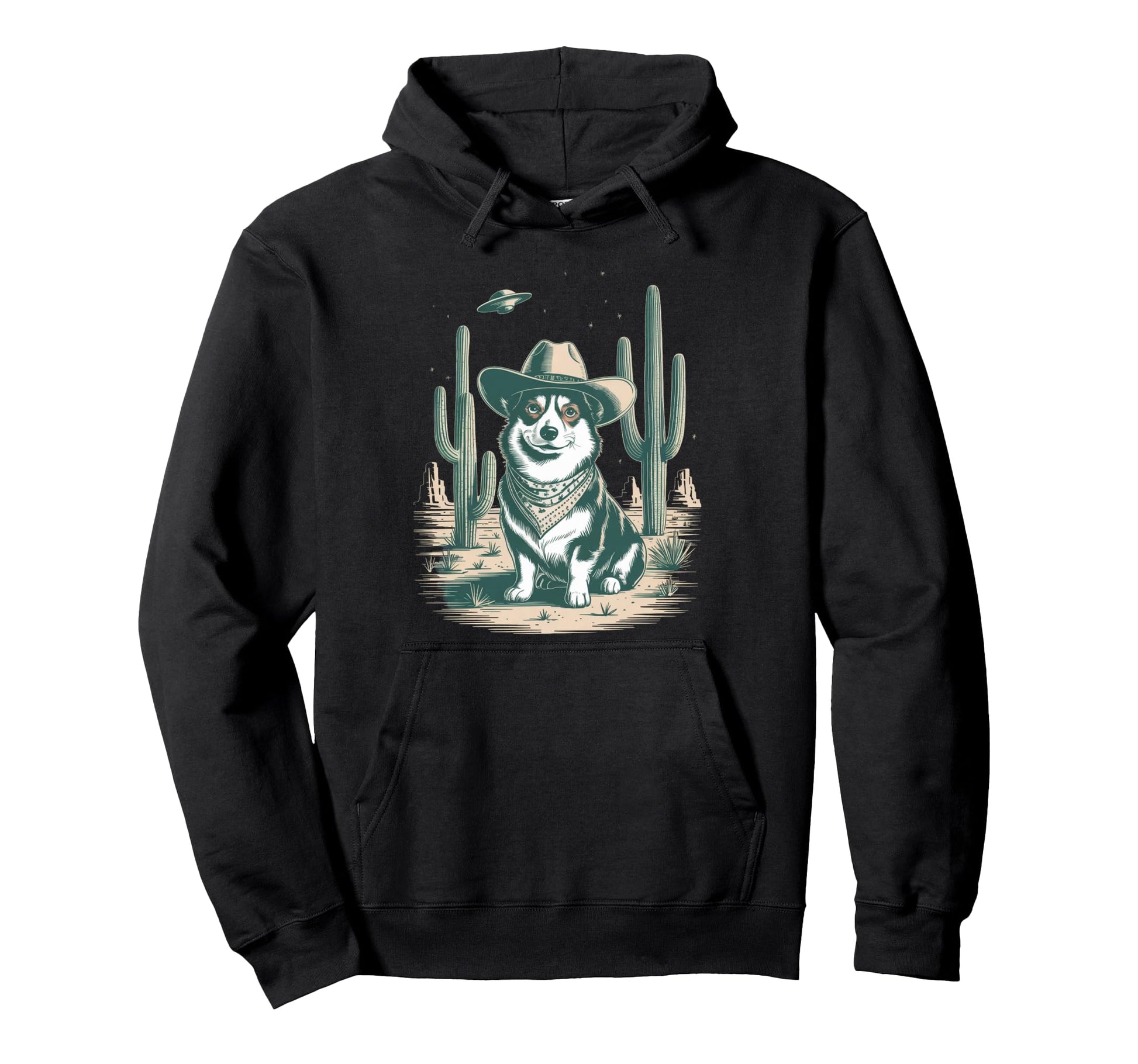 Funny Corgi Cowboy Ufo Western Desert Hoodie - Custom Art Print Men Women - T-Shirt, Sweatshirt, Hoodie