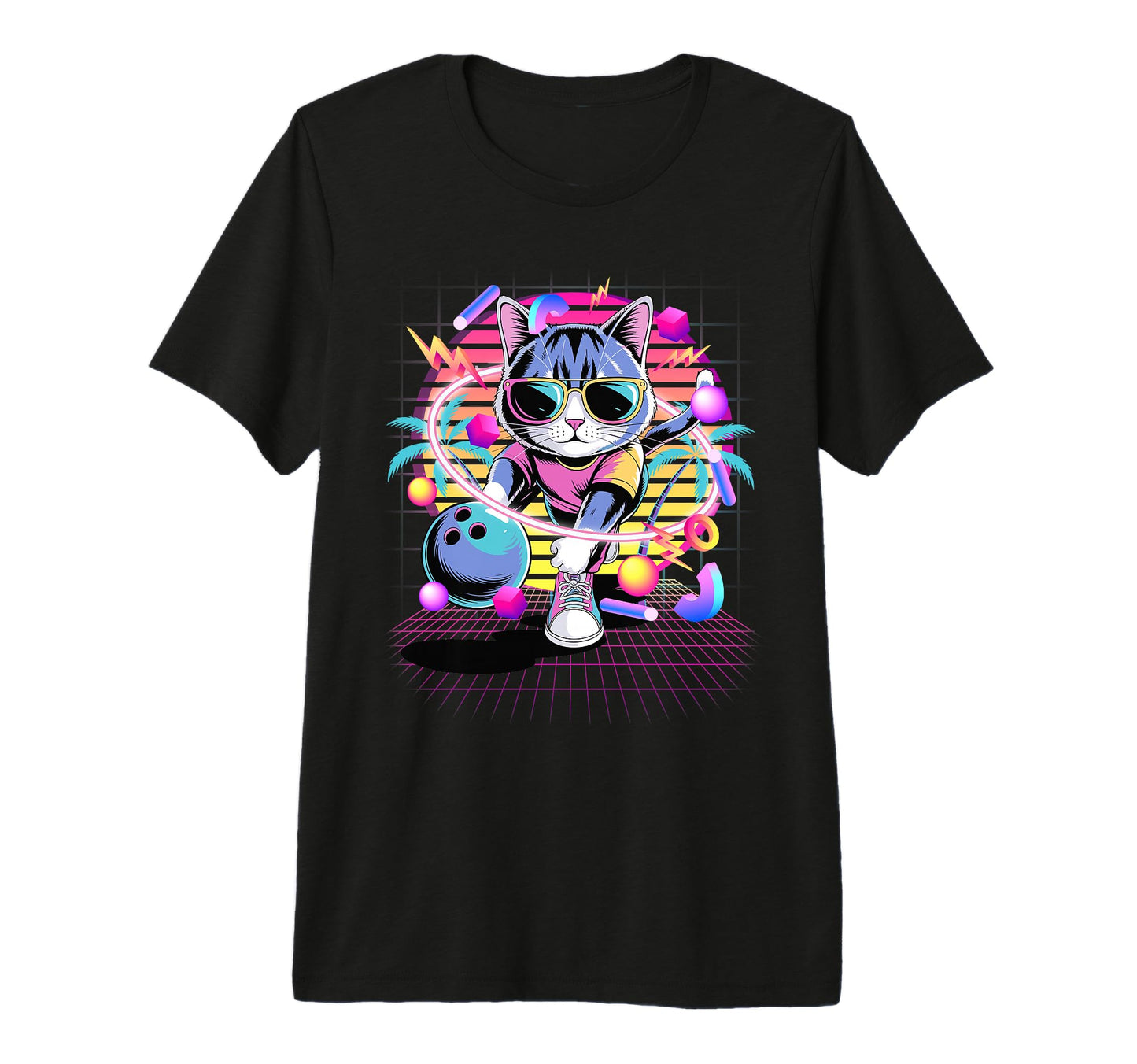 80S Vaporwave Cat Bowler Sunglasses T-Shirt - Custom Art Print Men Women - T-Shirt, Sweatshirt, Hoodie