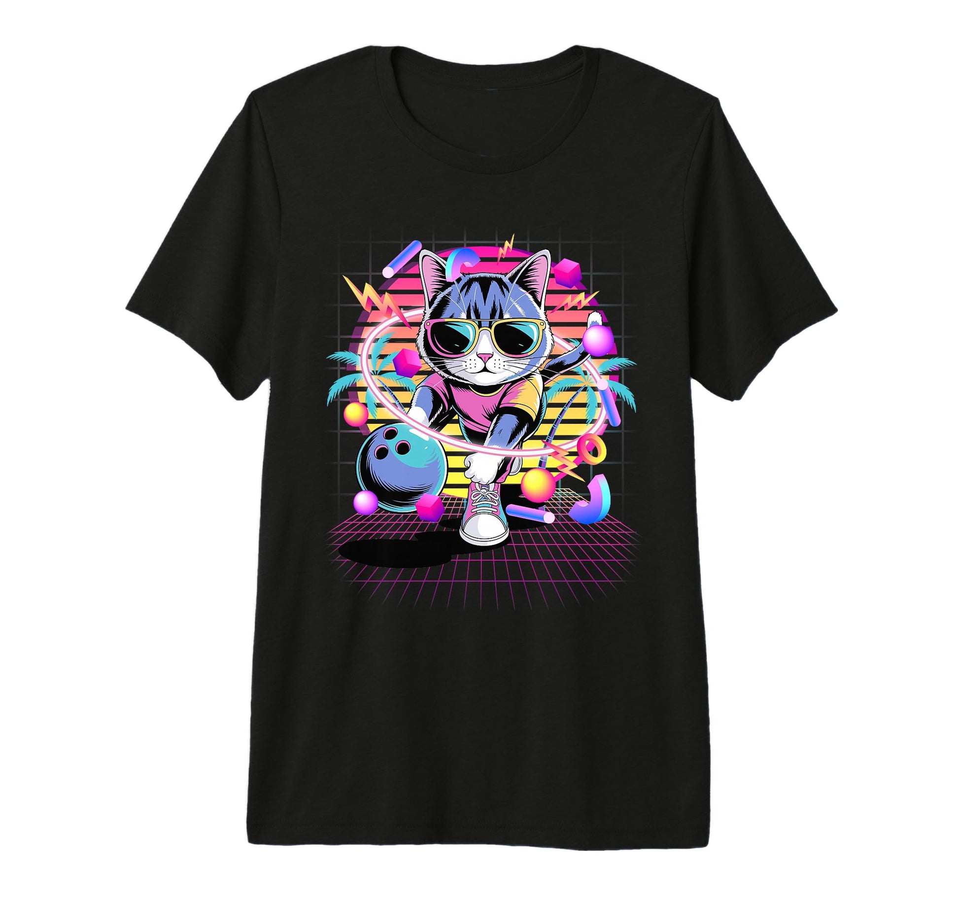 80S Vaporwave Cat Bowler Sunglasses T-Shirt - Custom Art Print Men Women - T-Shirt, Sweatshirt, Hoodie