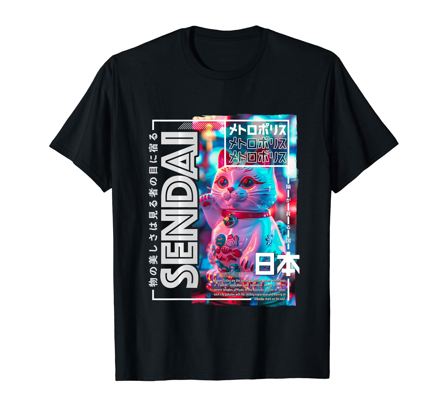 Sendai City 80S Synthwave Manekineko T-Shirt - Streetwear Style Unisex - T-Shirt, Sweatshirt, Hoodie