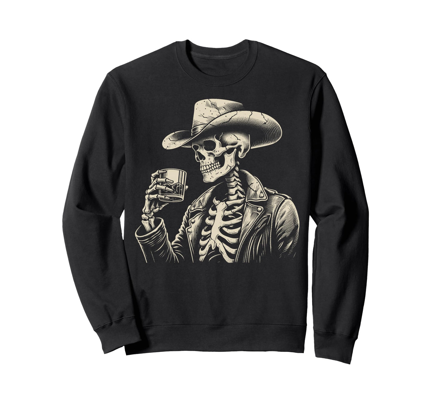 Western Cowboy Skeleton Whiskey Sweatshirt - Unique Graphic for Adults - T-Shirt, Sweatshirt, Hoodie