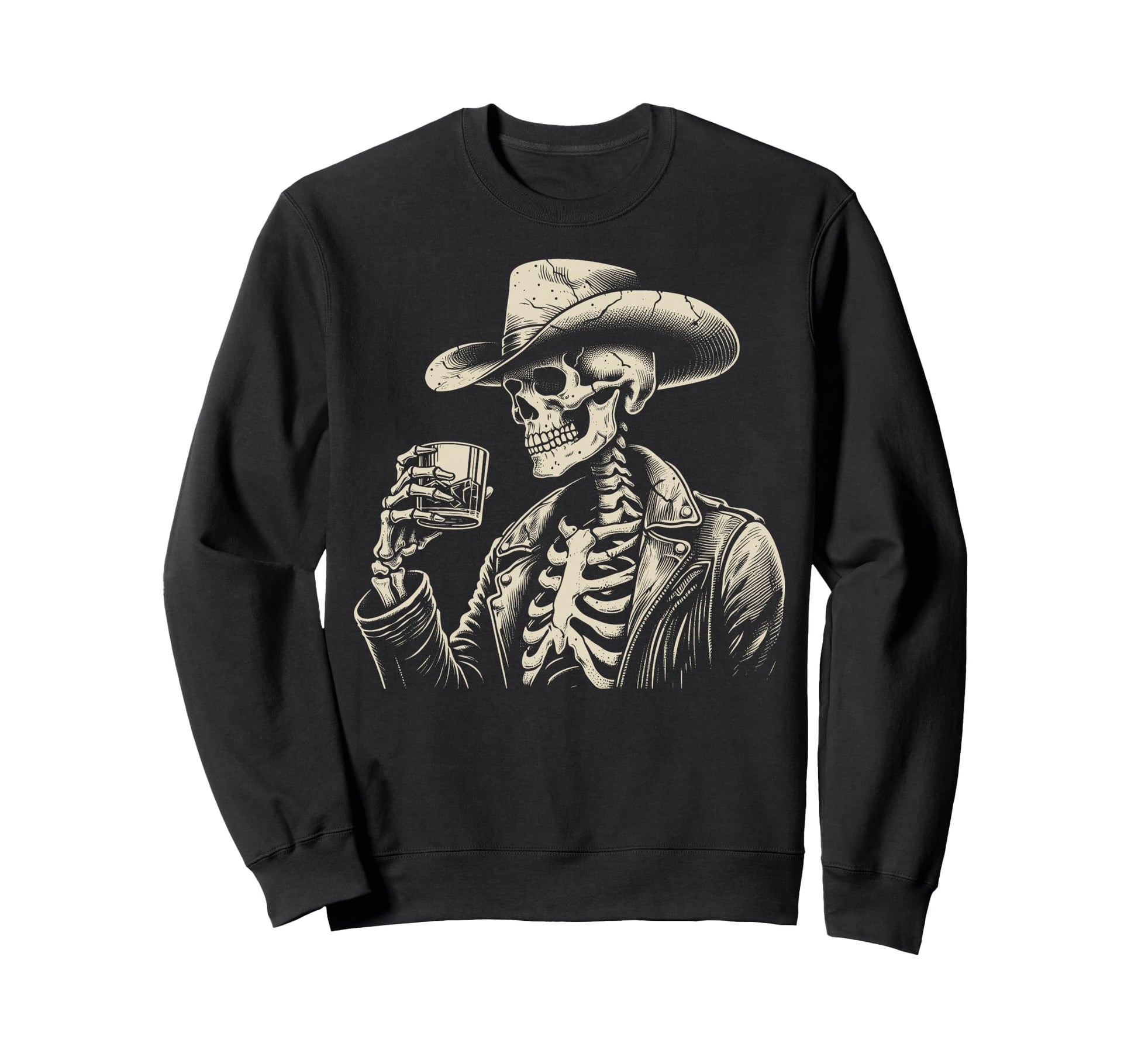 Western Cowboy Skeleton Whiskey Sweatshirt - Unique Graphic for Adults - T-Shirt, Sweatshirt, Hoodie