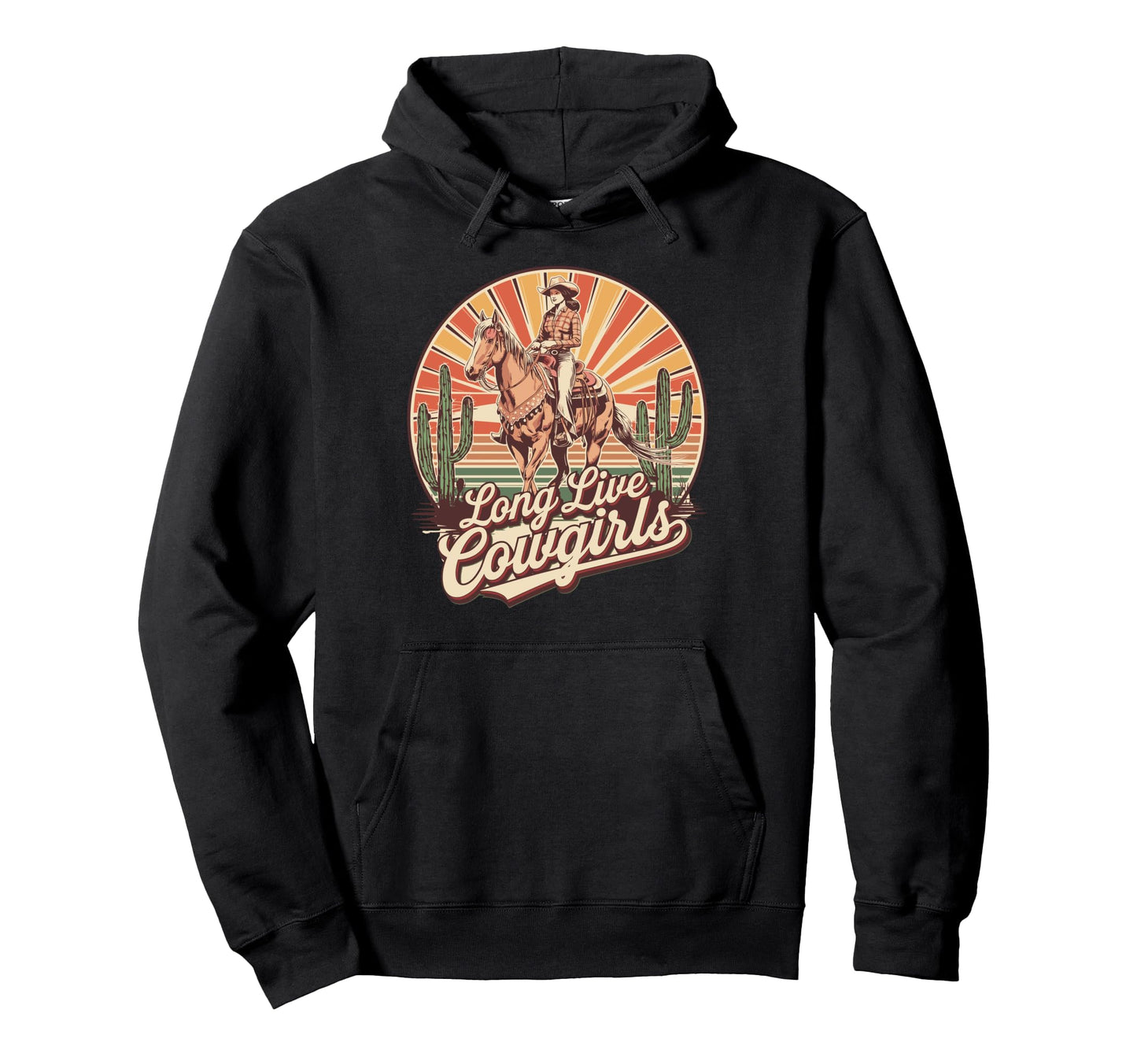 Riding Cowgirl Sunset Horse Cactus Desert Hoodie - Unique Graphic Unisex - T-Shirt, Sweatshirt, Hoodie