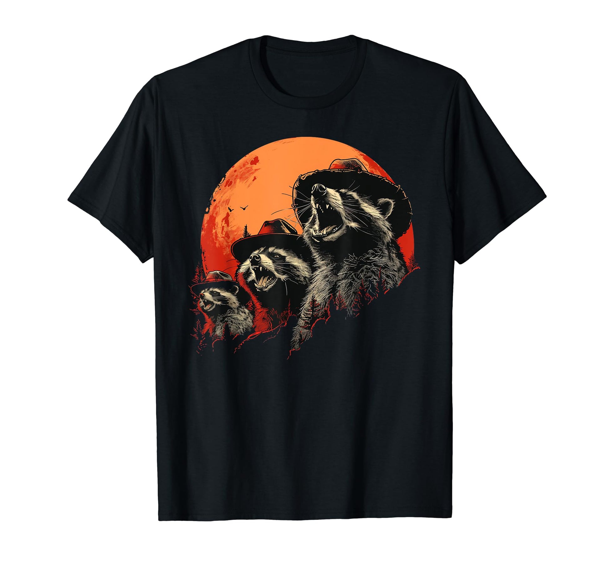 Raccoon Howling Moon Cowboy Funny T-Shirt - Fun Novelty Design Men Women - T-Shirt, Sweatshirt, Hoodie