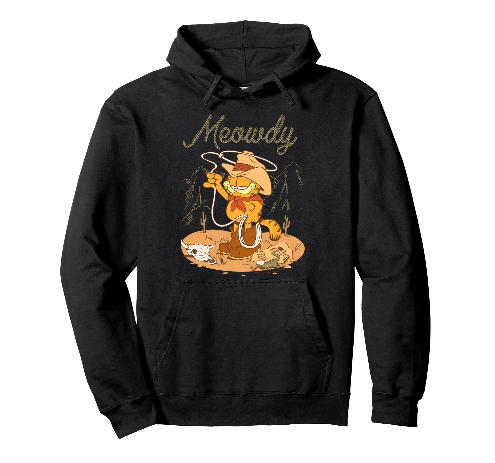 Garfield Meowdy Western Scene Cartoon Hoodie - Novelty Apparel for Adults - T-Shirt, Sweatshirt, Hoodie