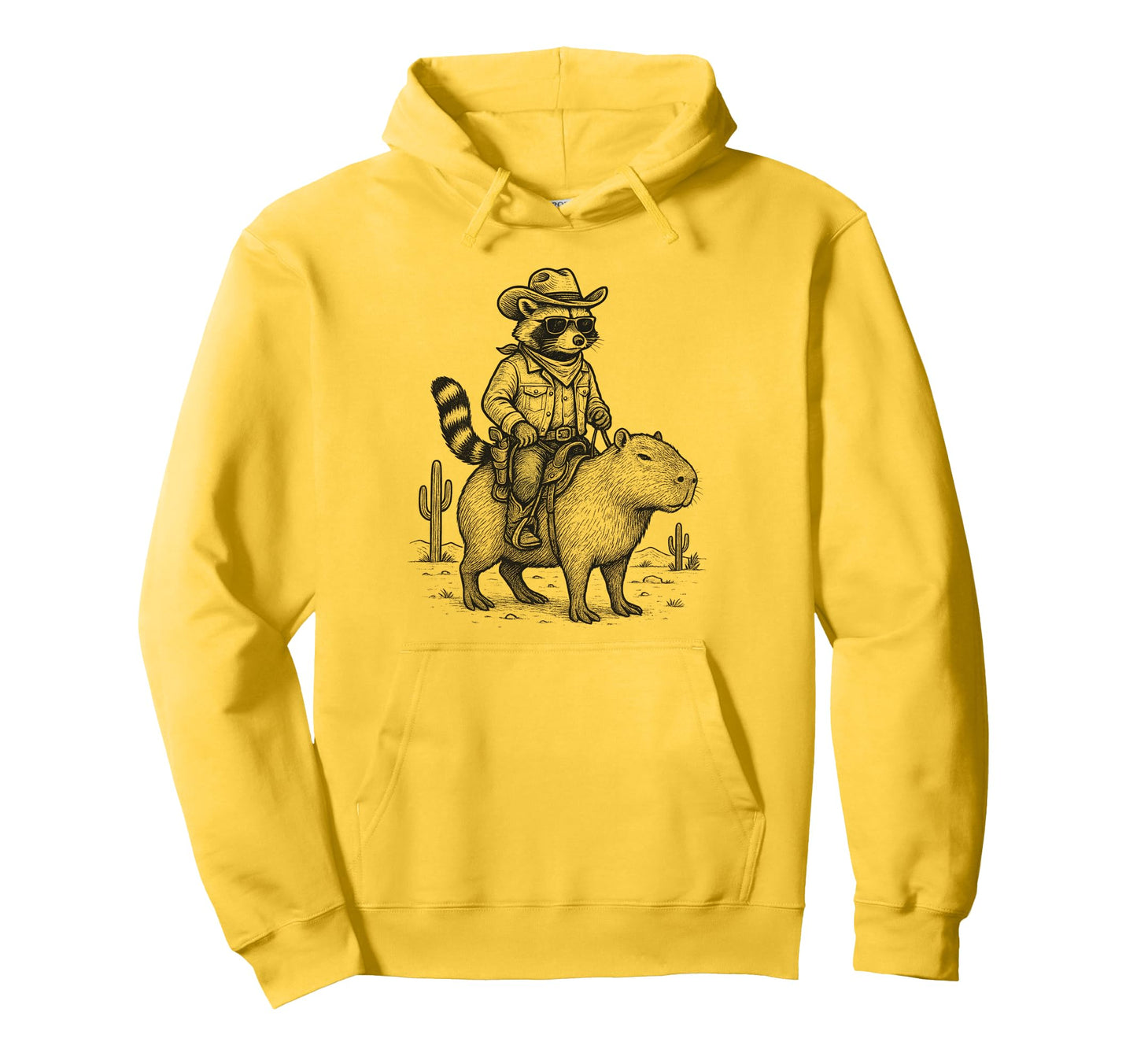 Country Cowboy Raccoon Riding Capybara Hoodie - Minimalist Print Men Women - T-Shirt, Sweatshirt, Hoodie