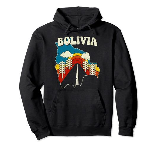 Bolivia Bolivian Country Rainbow 70S Map Hoodie - Aesthetic Graphic Unisex - T-Shirt, Sweatshirt, Hoodie