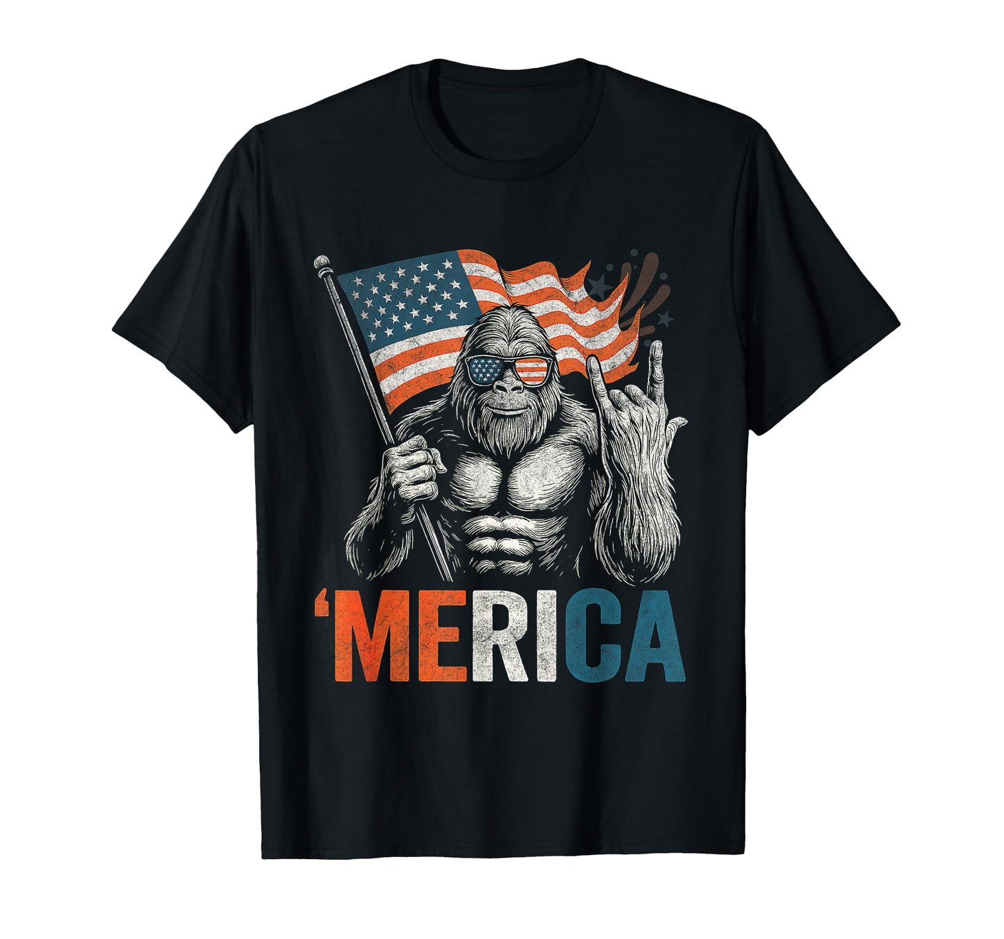 Bigfoot Merica Rock Usa Flag Patriotic T-Shirt - Novelty Apparel Men Women - T-Shirt, Sweatshirt, Hoodie