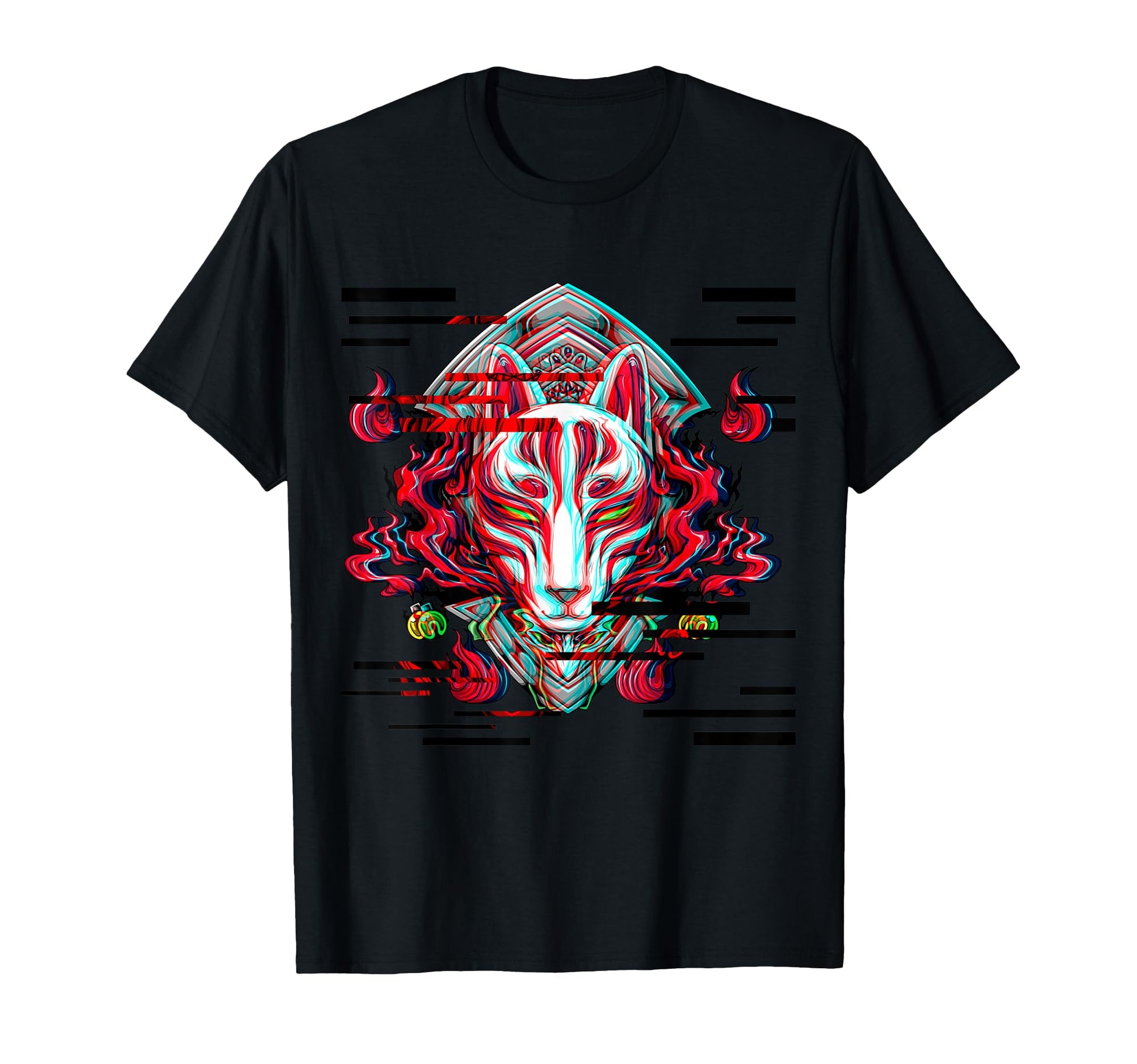 Kitsune Mask Glitch Anime Aesthetic Japan T-Shirt - Novelty Apparel Unisex - T-Shirt, Sweatshirt, Hoodie