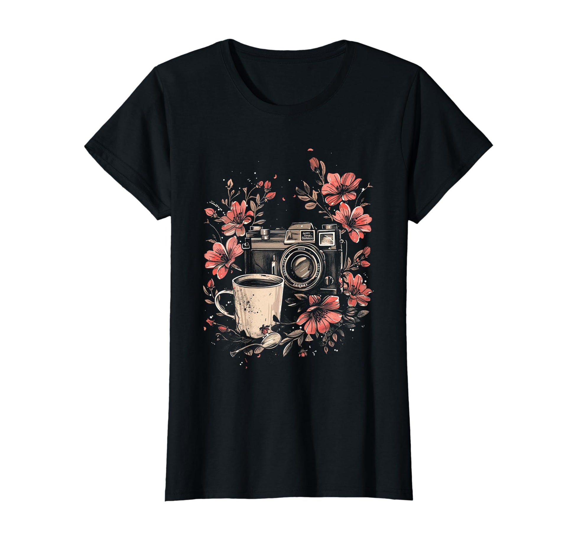 Photographer Coffee Camera Flowers T-Shirt - Graphic Print Unisex - T-Shirt, Sweatshirt, Hoodie