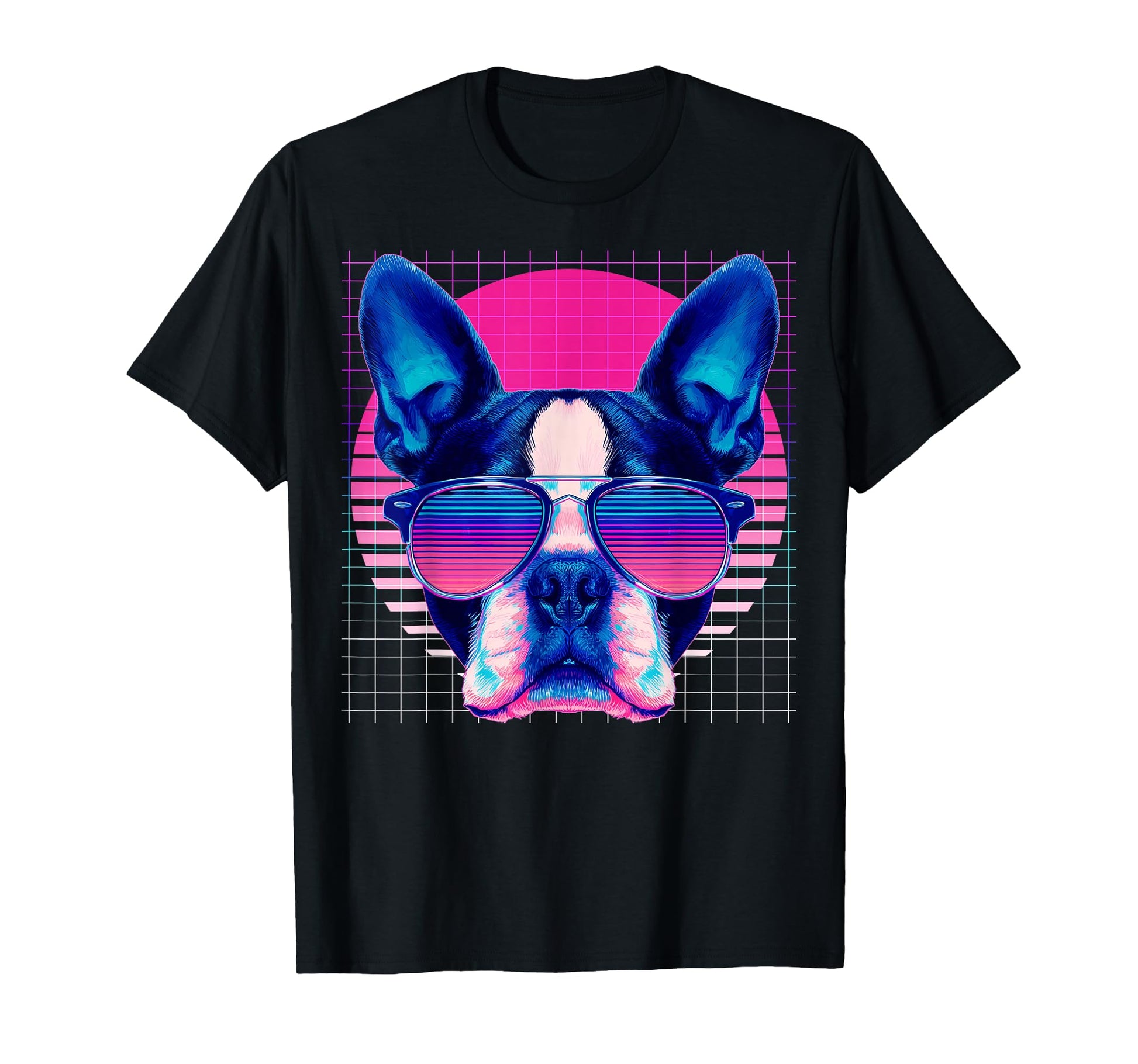 Boston Terrier Sunglasses Dog Vaporwave T-Shirt - Unique Graphic Unisex - T-Shirt, Sweatshirt, Hoodie