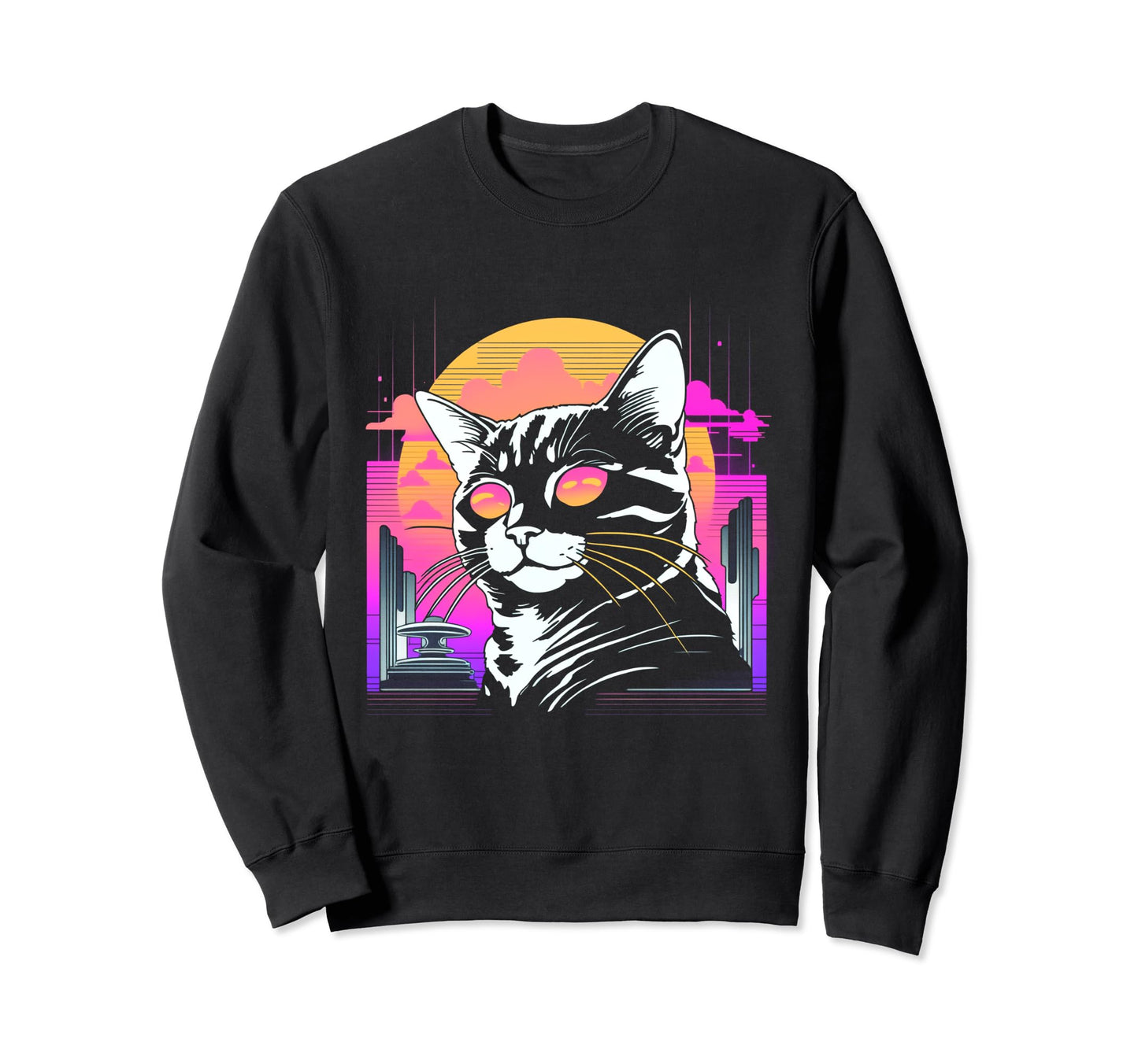Sunset Vaporwave Aesthetics Cat Sweatshirt - Novelty Apparel Men Women - T-Shirt, Sweatshirt, Hoodie