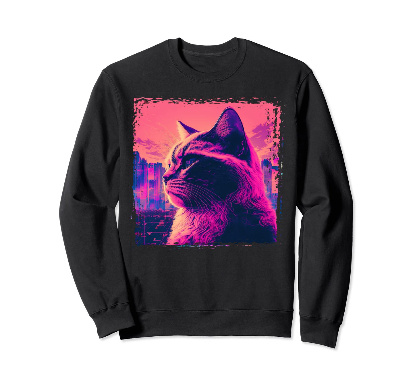 Japanese Aesthetic Synthwave Cat Sweatshirt - Custom Art Print Men Women - T-Shirt, Sweatshirt, Hoodie