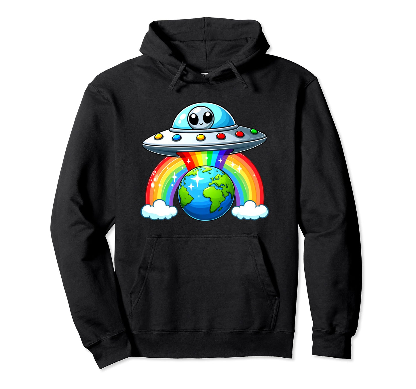 Alien Ufo Over Rainbow Earth Art Hoodie - Aesthetic Graphic Men Women - T-Shirt, Sweatshirt, Hoodie