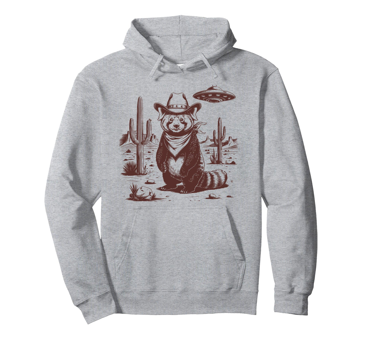 Red Panda Ufo Western Alien 90S Cowboy Hoodie - Minimalist Print for Adults - T-Shirt, Sweatshirt, Hoodie