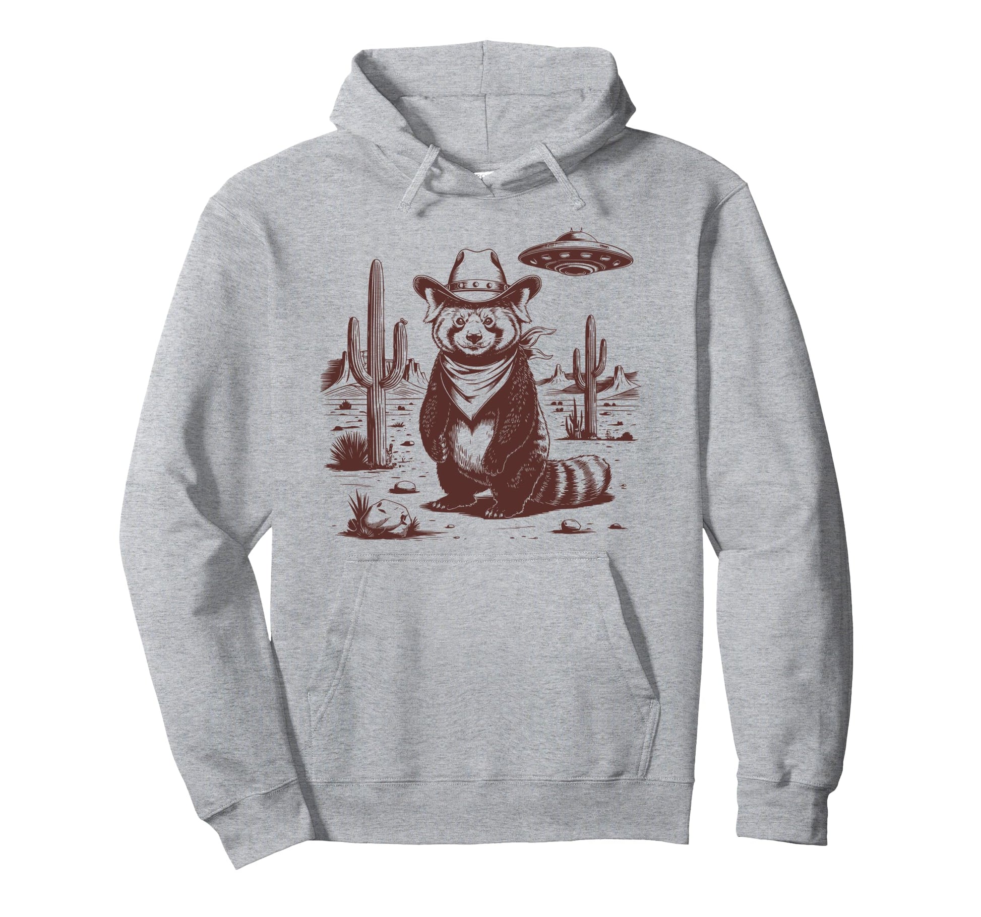 Red Panda Ufo Western Alien 90S Cowboy Hoodie - Minimalist Print for Adults - T-Shirt, Sweatshirt, Hoodie