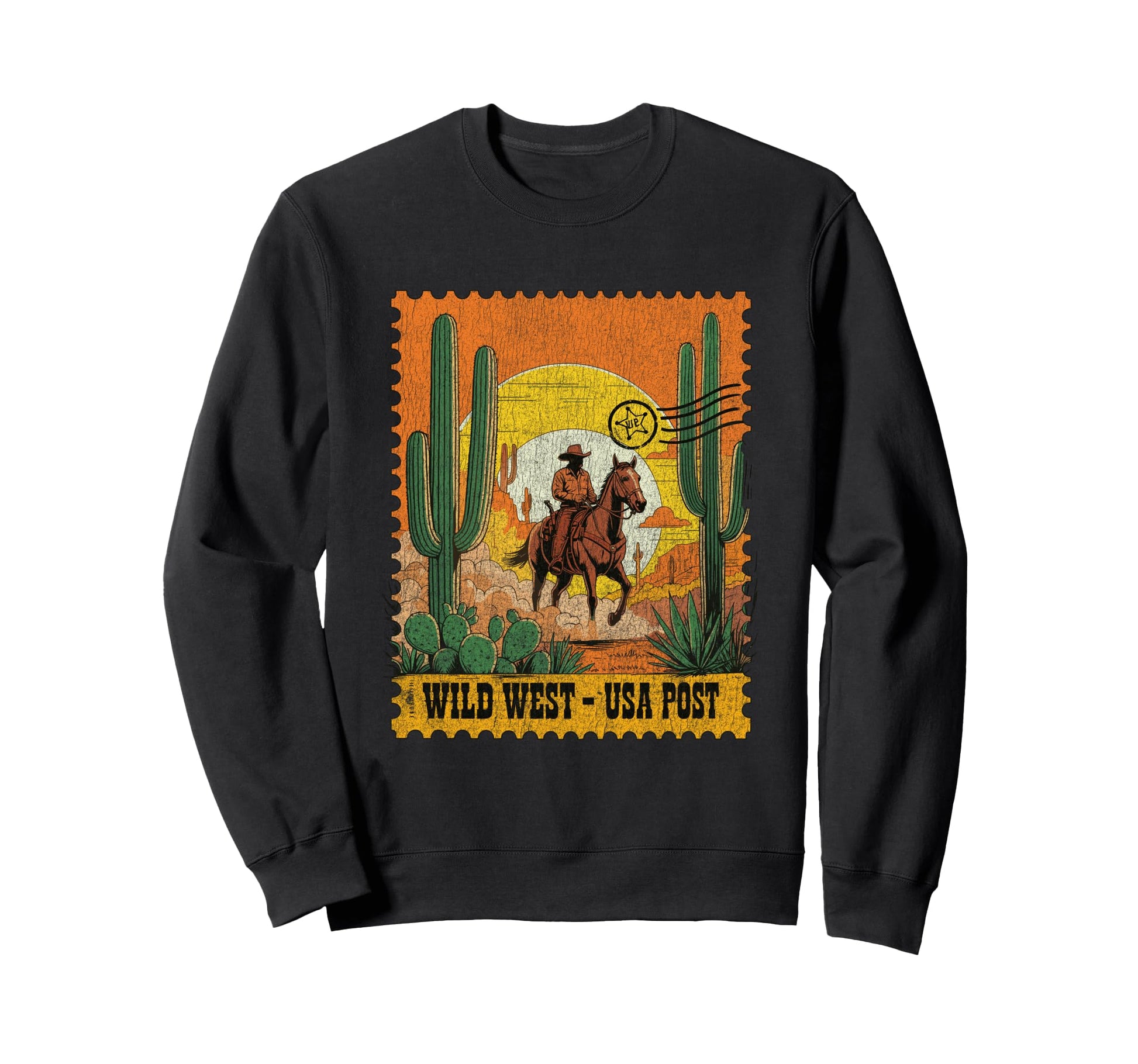 Wild West Cowboy Stamp Desert Cactus Sweatshirt - Novelty Apparel Unisex - T-Shirt, Sweatshirt, Hoodie