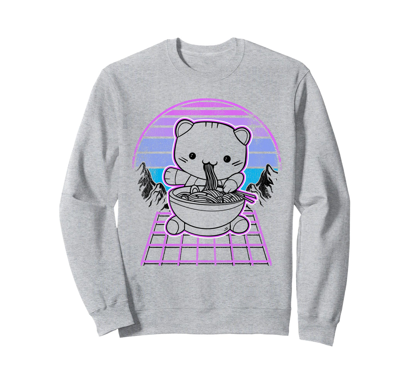 Ramen Cat Kawaii Retrowave Sunset Sweatshirt - Casual Everyday Wear Unisex - T-Shirt, Sweatshirt, Hoodie